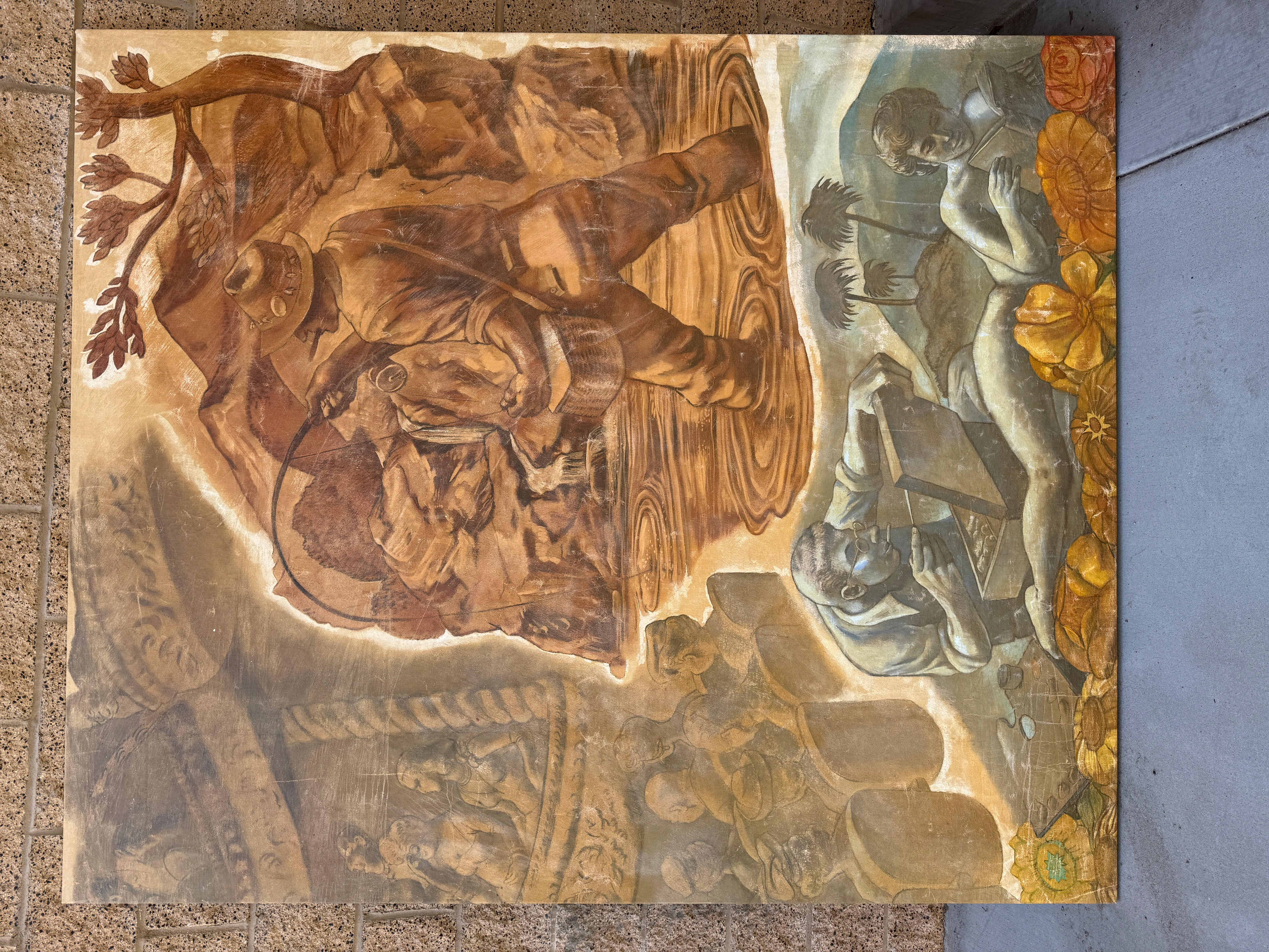 Wir erwarben seine große Wandbildstudie aus einem alten Anwesen im Hudson River Valley. Sie war seit Jahren aufgerollt. Es scheint auf der linken Seite abgeschnitten worden zu sein. Eindeutig ein WPA Mural Produkt.  Als wir ihn erwarben, waren die
