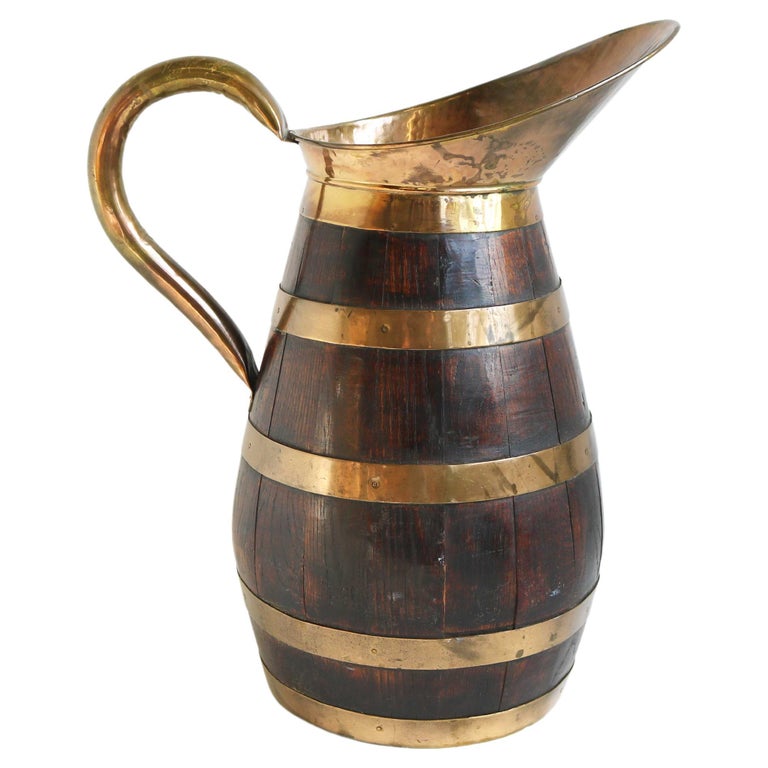 Massive XL Antique French Copper and Oak Pitcher, Wine Jug Umbrella