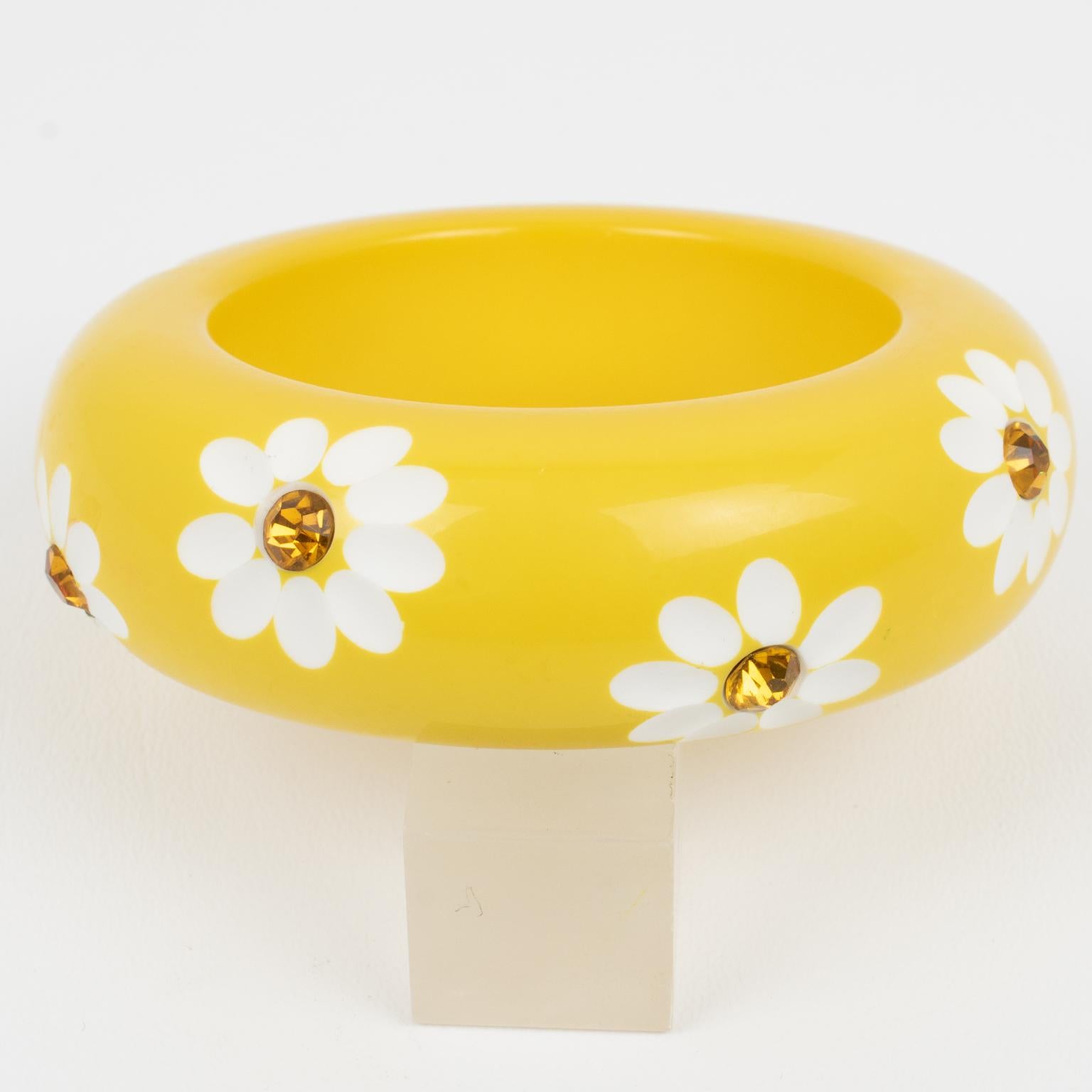 Modern Massive Yellow Lucite Bracelet Bangle with Carved Daisy Flowers For Sale