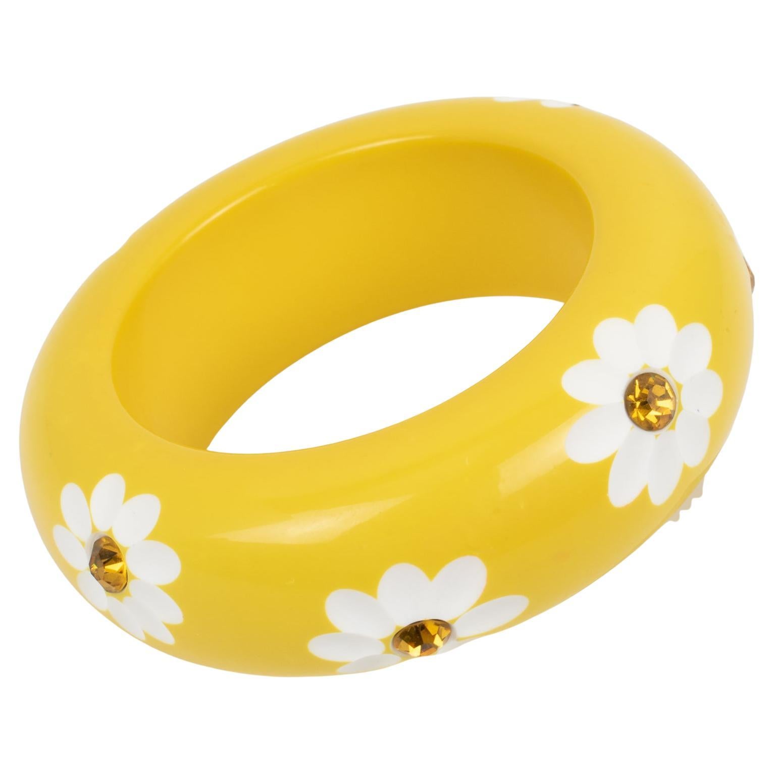 Massive Yellow Lucite Bracelet Bangle with Carved Daisy Flowers For Sale