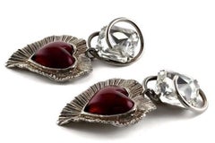 Massive YSL Yves Saint Laurent Swirl Diamante Heart Glass Drop Silver Earrings