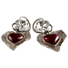 Massive YSL Yves Saint Laurent Swirl Diamante Heart Glass Drop Silver Earrings