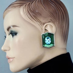 Massive YVES SAINT LAURENT Ysl Blue Rhinestone Green Lucite Hexagon Earrings