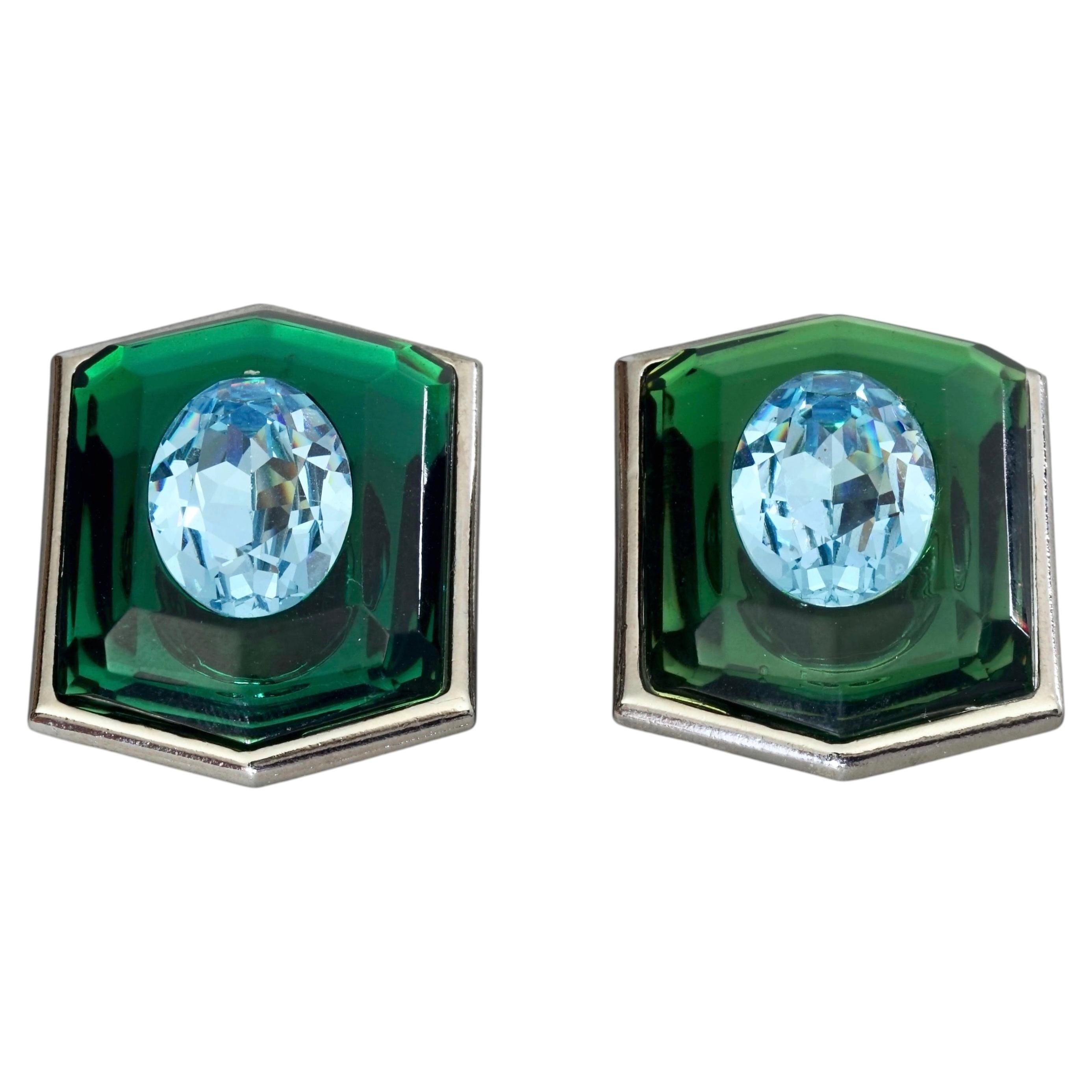 Massive YVES SAINT LAURENT Ysl Blue Rhinestone Green Lucite Hexagon Earrings