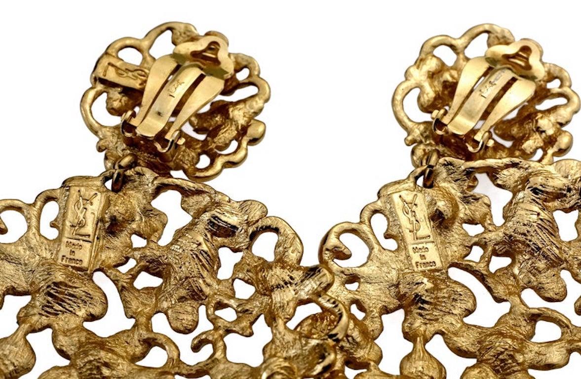 Massive YVES SAINT LAURENT Ysl Openwork Rhinestone Flower Dangling Earrings For Sale 5
