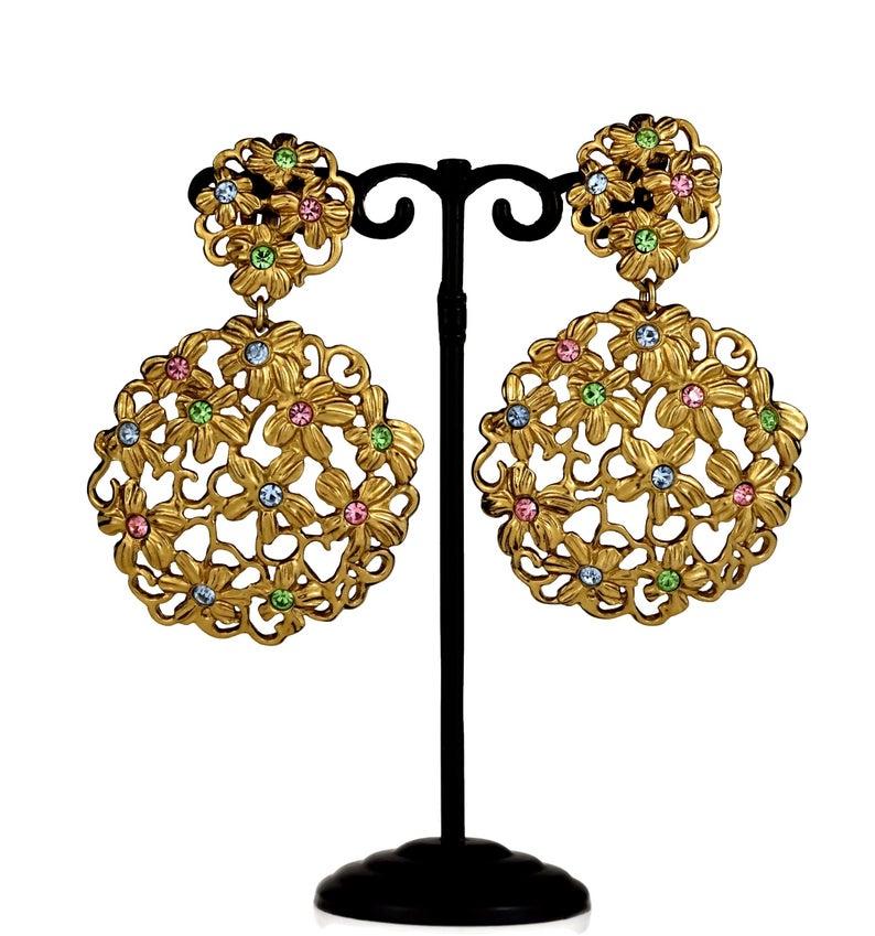 Women's Massive YVES SAINT LAURENT Ysl Openwork Rhinestone Flower Dangling Earrings For Sale