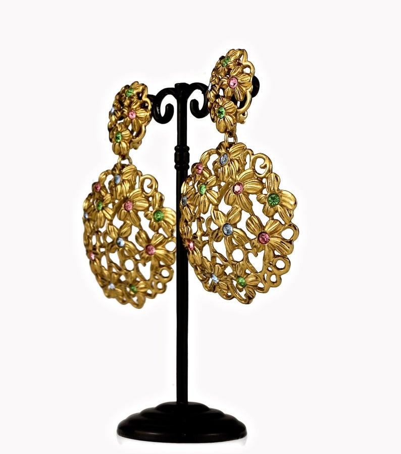 Massive YVES SAINT LAURENT Ysl Openwork Rhinestone Flower Dangling Earrings For Sale 1