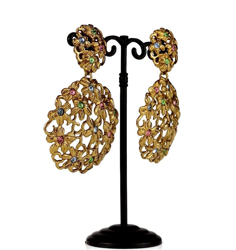 Massive YVES SAINT LAURENT Ysl Openwork Rhinestone Flower Dangling Earrings For Sale 2