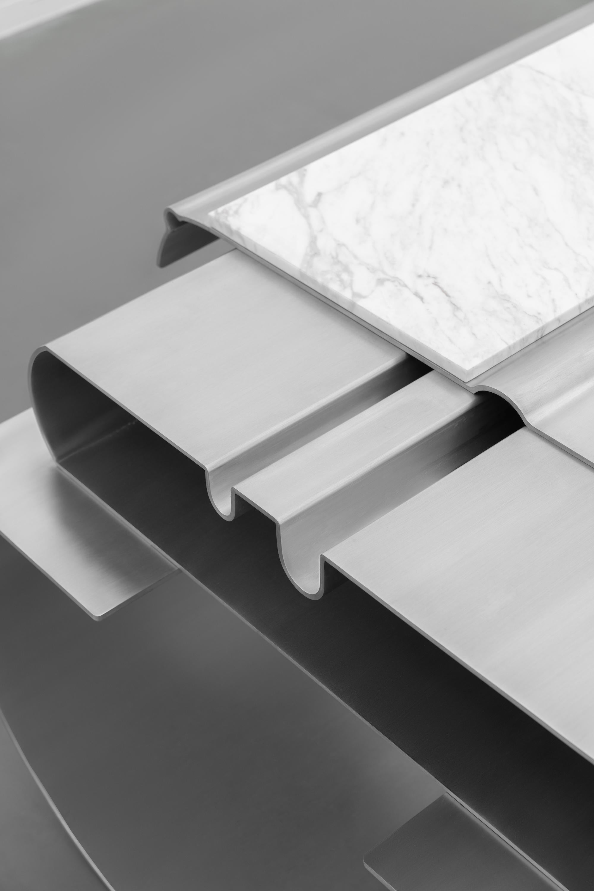 MASSLESS Long Desk, Stainless Steel, White Marble, by Todomuta Studio For Sale 5