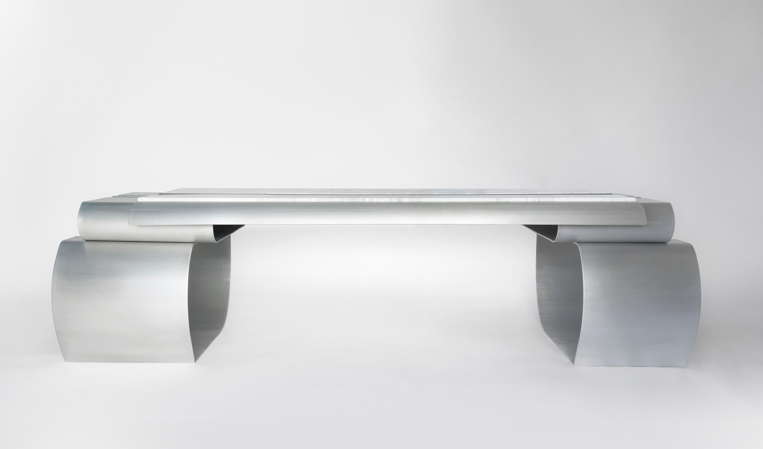 European MASSLESS Long Desk, Stainless Steel, White Marble, by Todomuta Studio For Sale