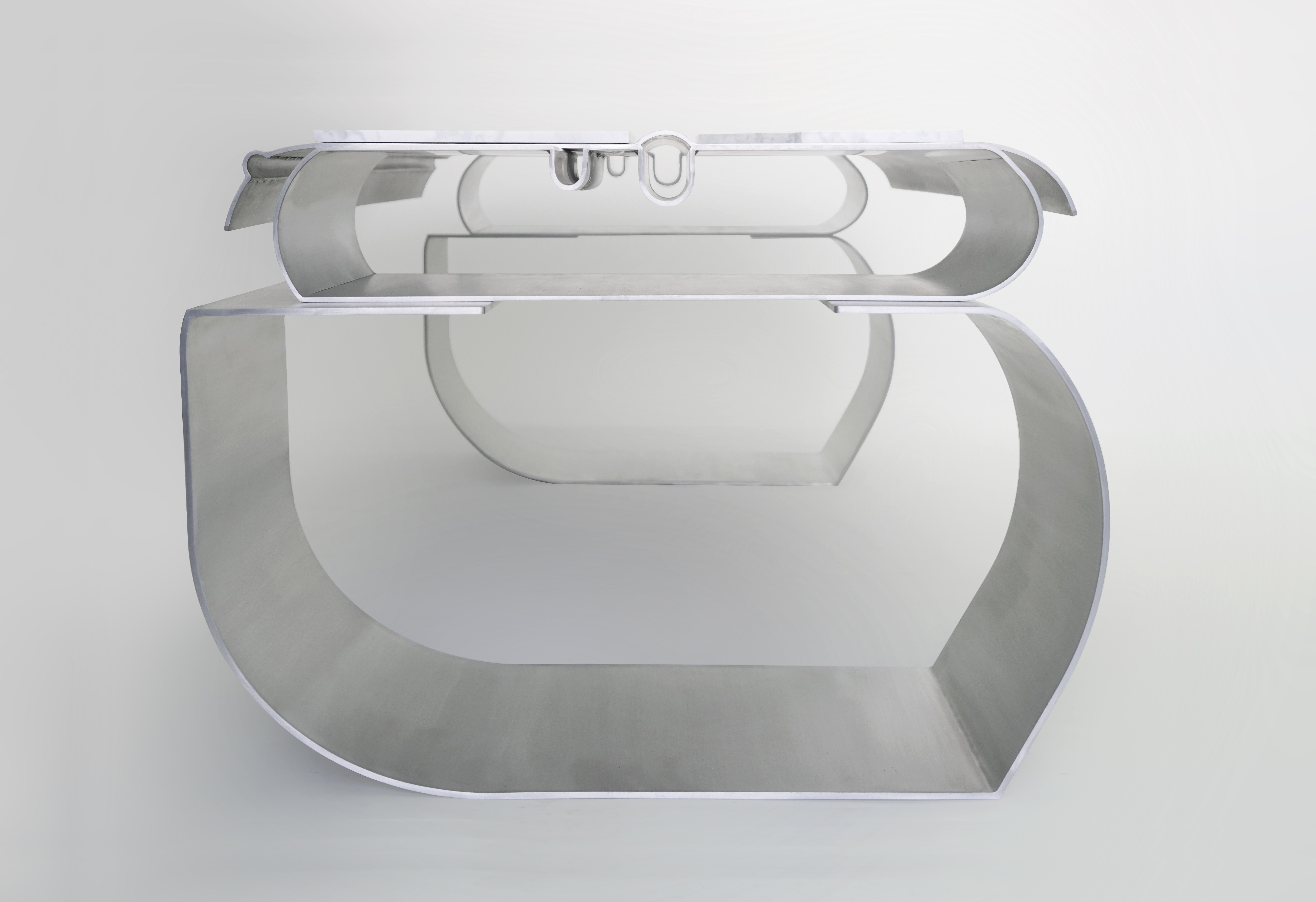 Spanish MASSLESS Long Desk, Stainless Steel, White Marble, by Todomuta Studio For Sale