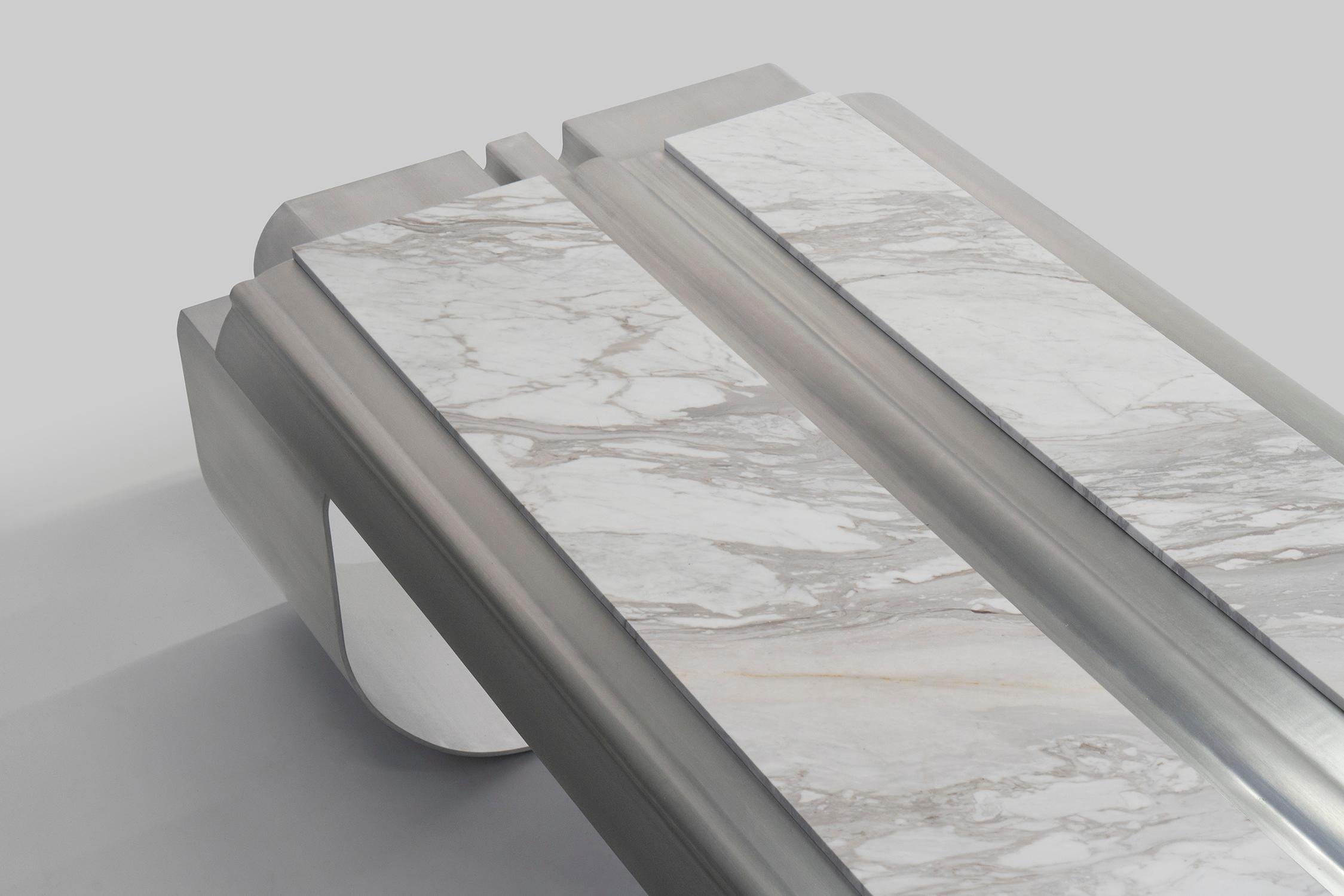 MASSLESS Long Desk, Stainless Steel, White Marble, by Todomuta Studio For Sale 1