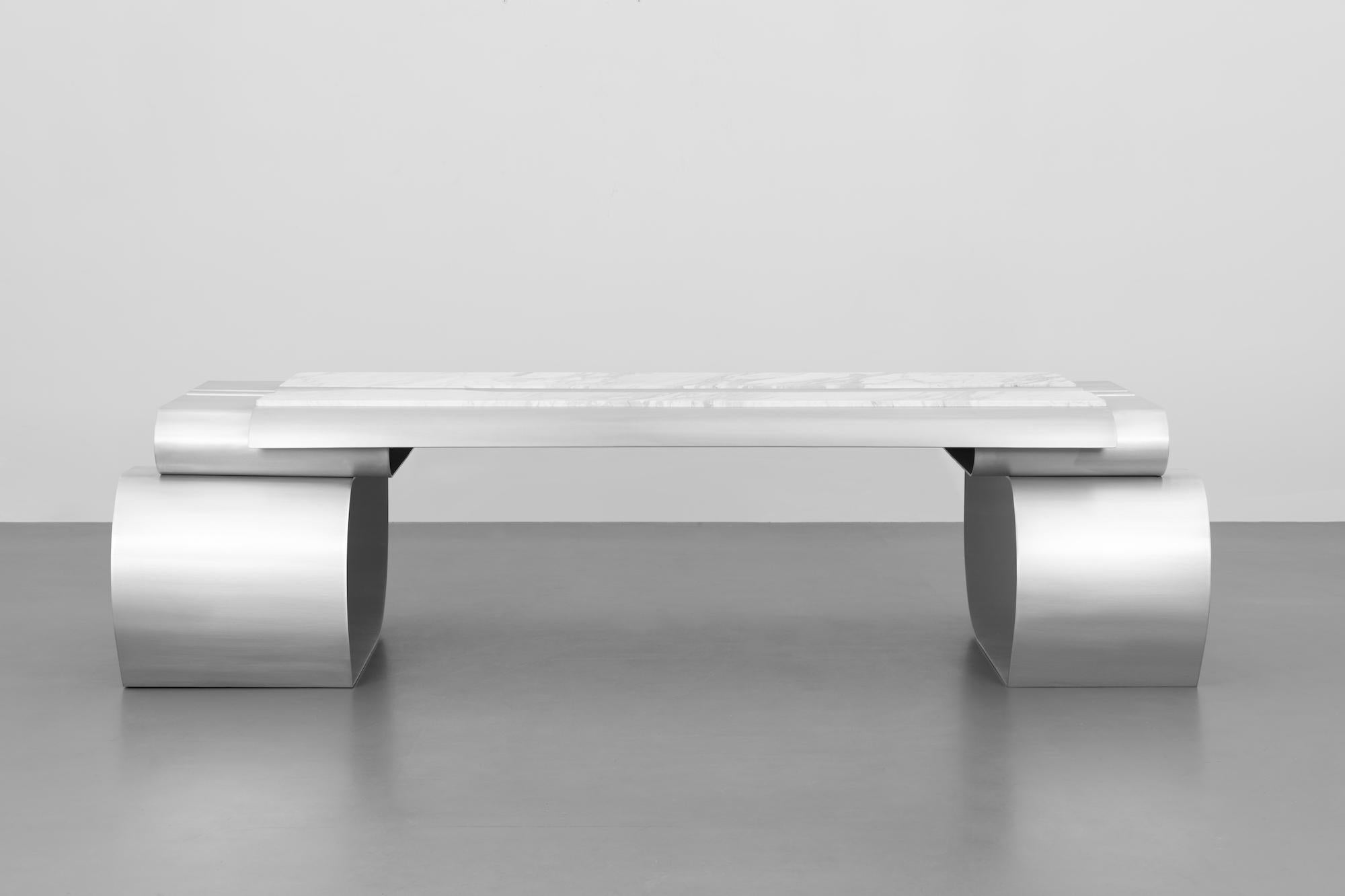 MASSLESS Long Desk, Stainless Steel, White Marble, by Todomuta Studio For Sale 2