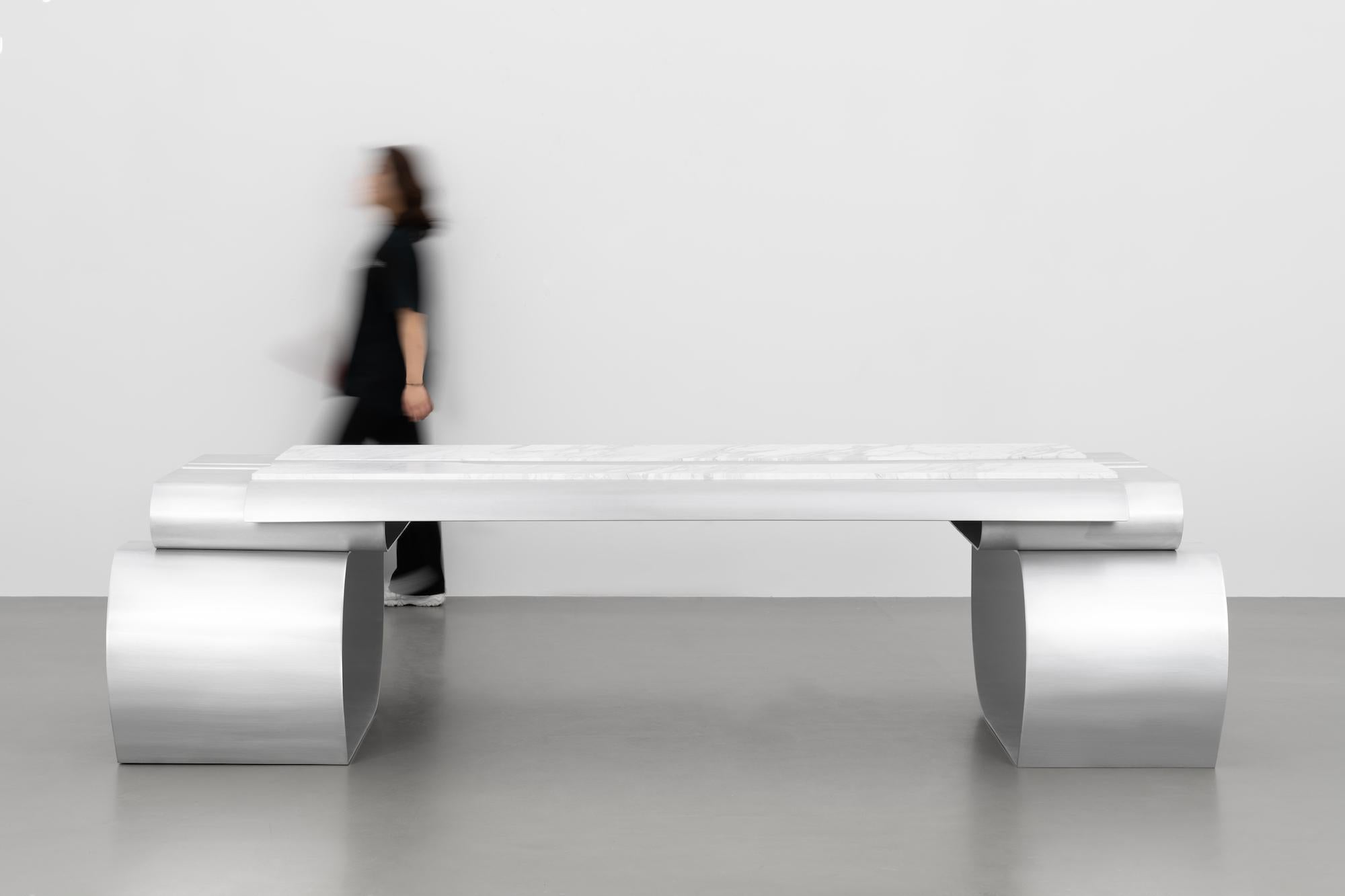 MASSLESS Long Desk, Stainless Steel, White Marble, by Todomuta Studio For Sale 3