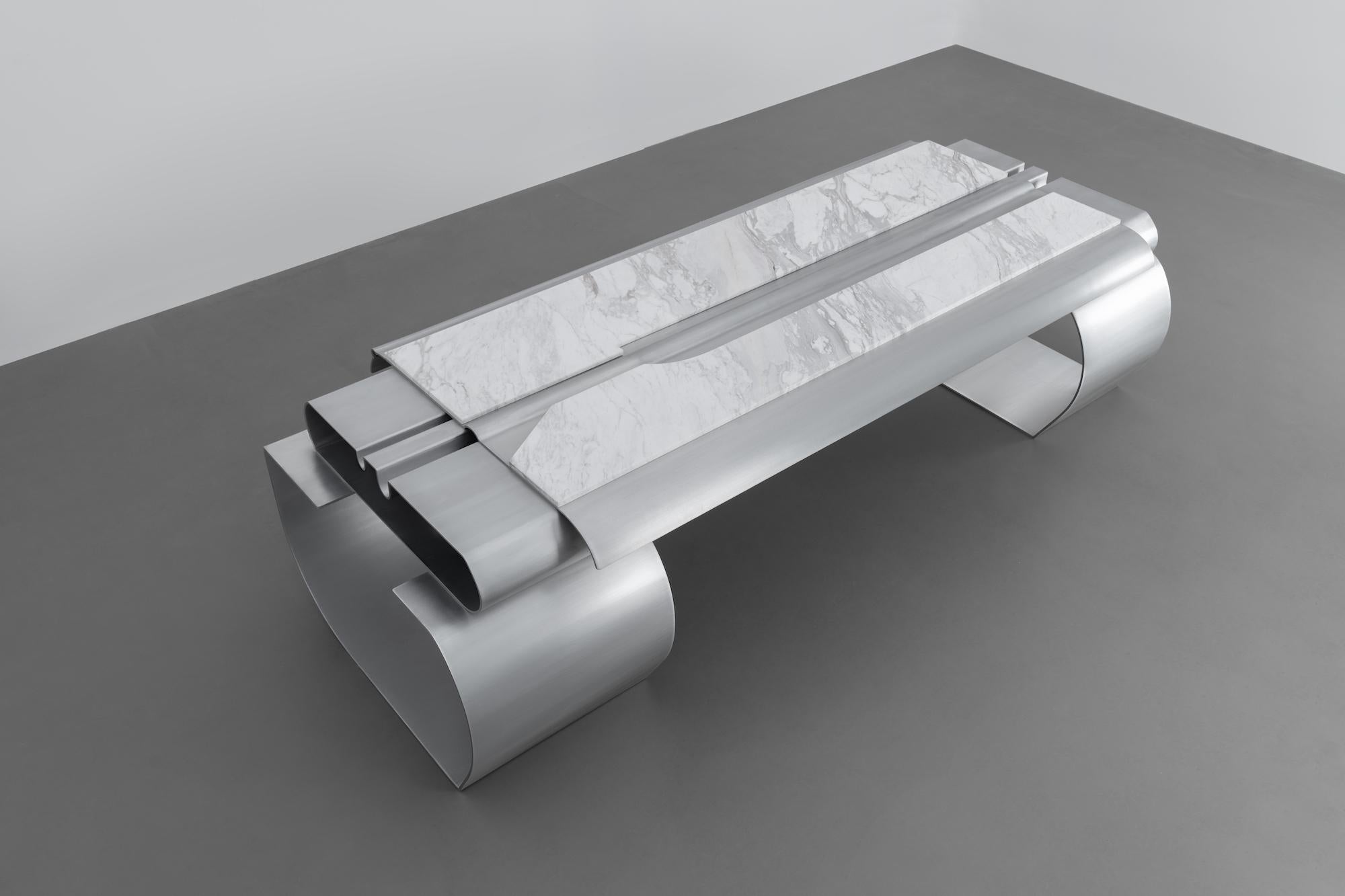 MASSLESS Long Desk, Stainless Steel, White Marble, by Todomuta Studio For Sale 4