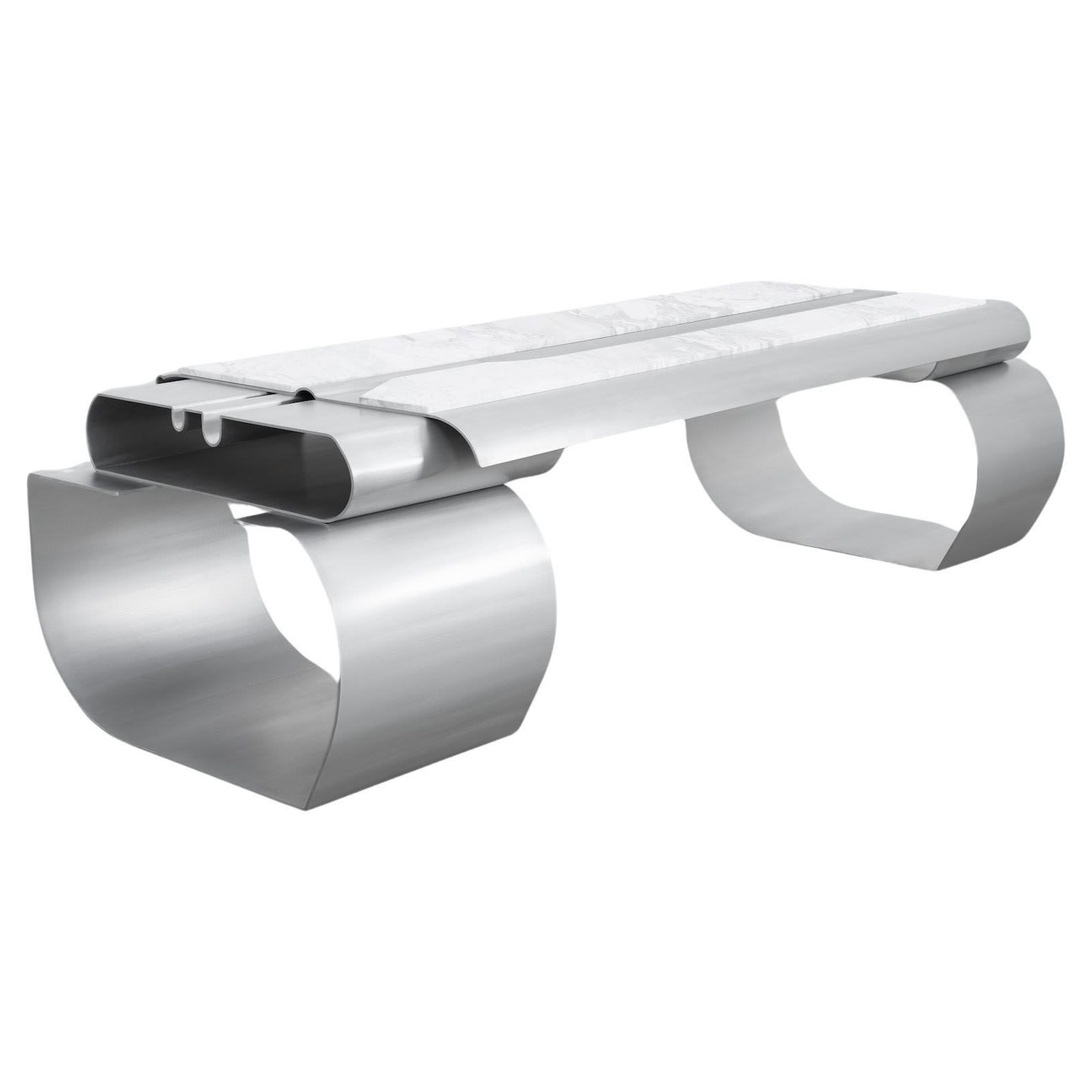 MASSLESS Long Desk, Stainless Steel, White Marble, by Todomuta Studio For Sale