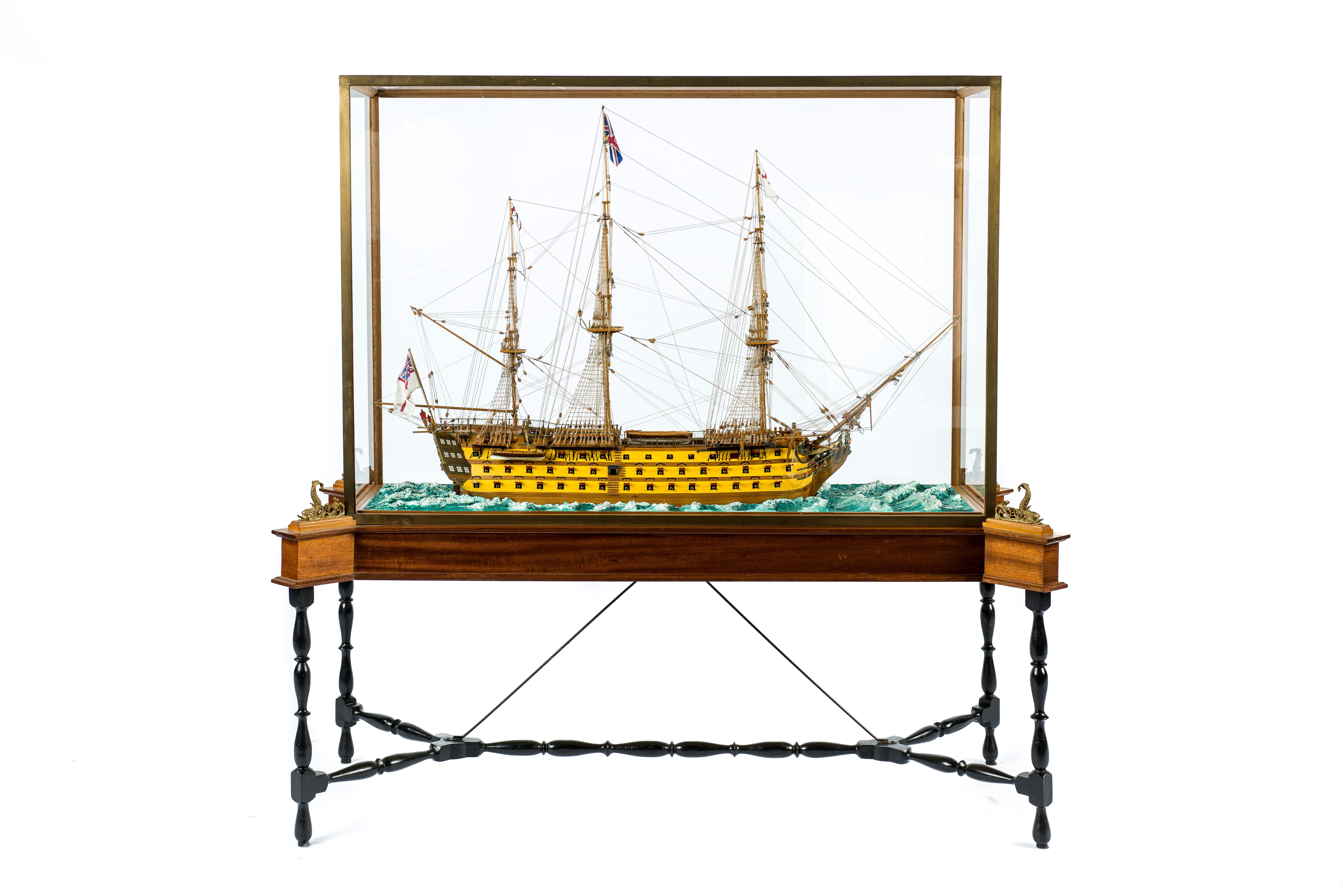 This impressive scale model of the British flagship HMS Victory was hand-built and is extremely detailed.
It is an exact replica of the King of the Seas Admiral Lord Nelson who distinguished himself at the Battle of Trafalgar. H.M.S. Victory was