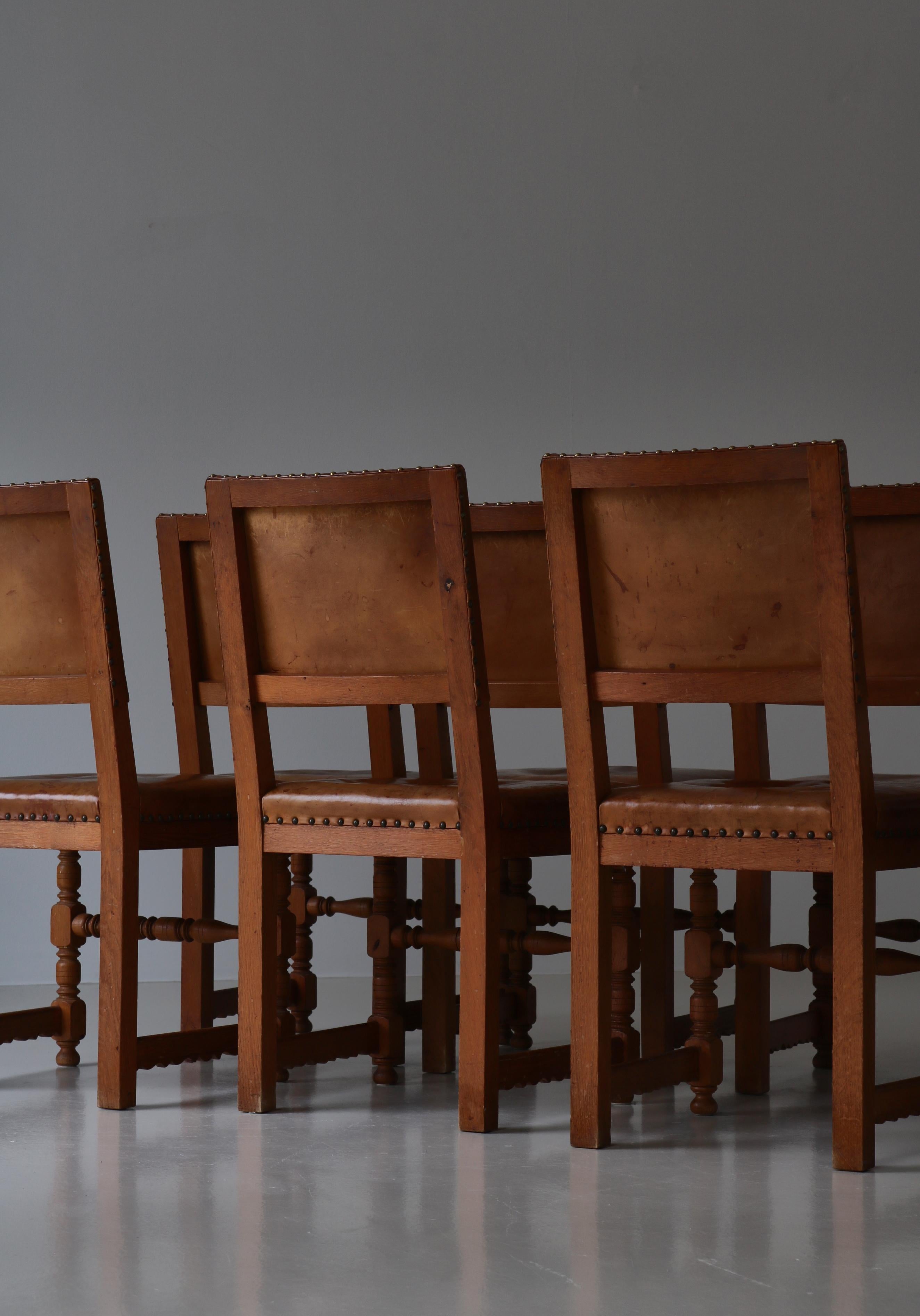 Danish Master Cabinetmaker Lars Møller Dining Chairs in Oak & Leather, Denmark, 1935 For Sale