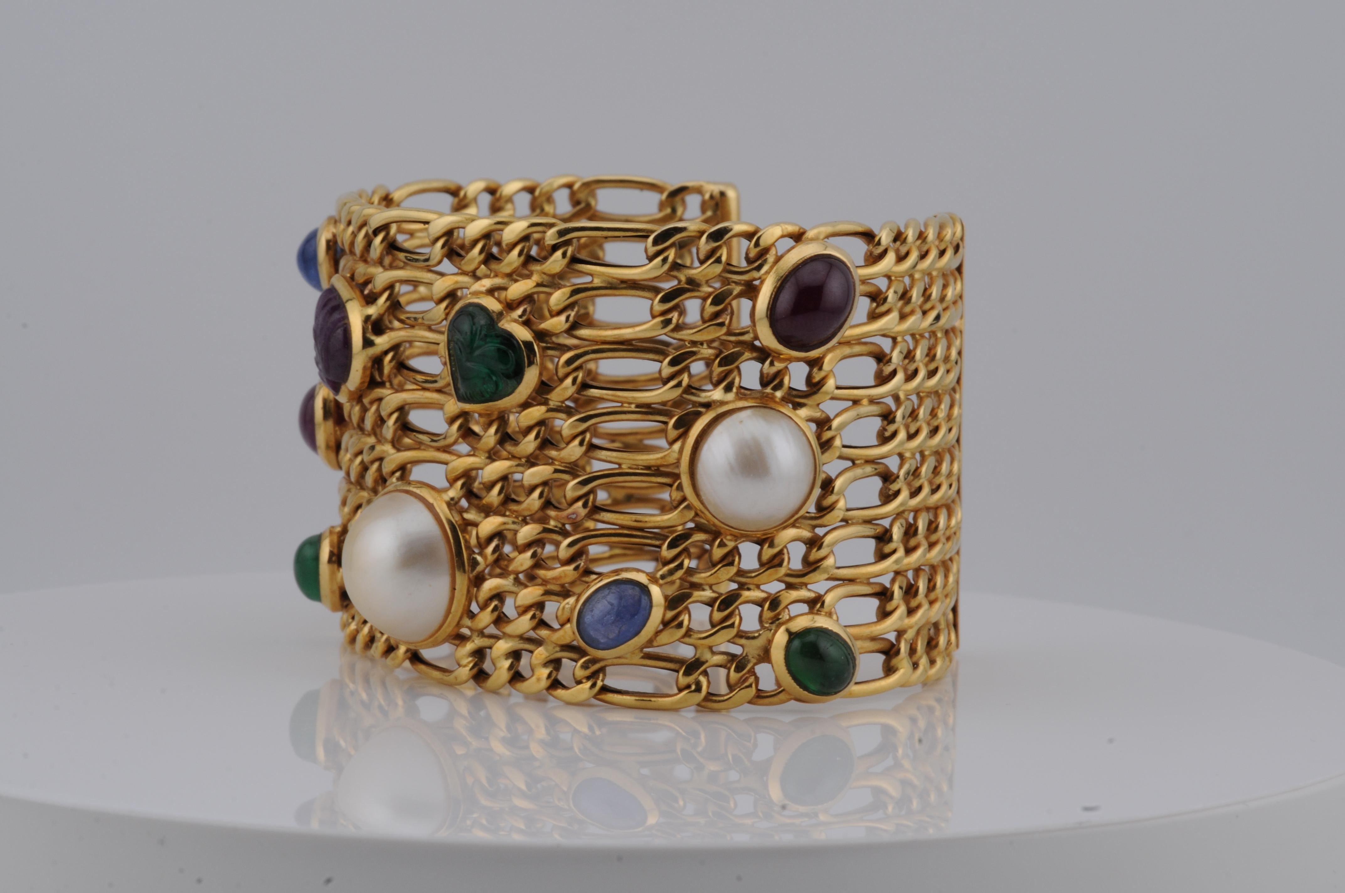 Taille mixte Masterly Goldsmith Work - Bracelet en or jaune 750 avec pierres précieuses et perles, 53g en vente