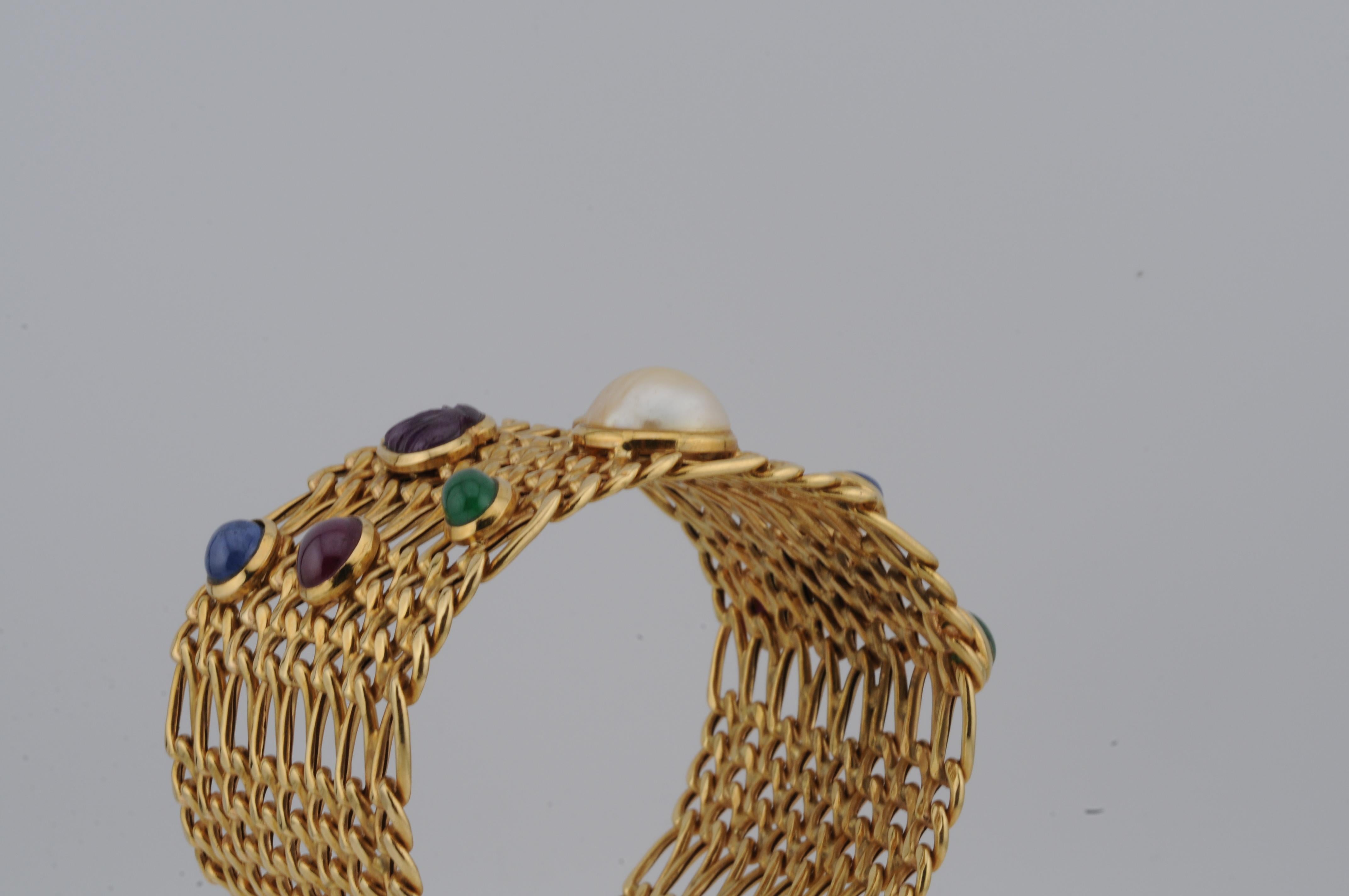 Masterly Goldsmith Work - Bracelet en or jaune 750 avec pierres précieuses et perles, 53g Unisexe en vente