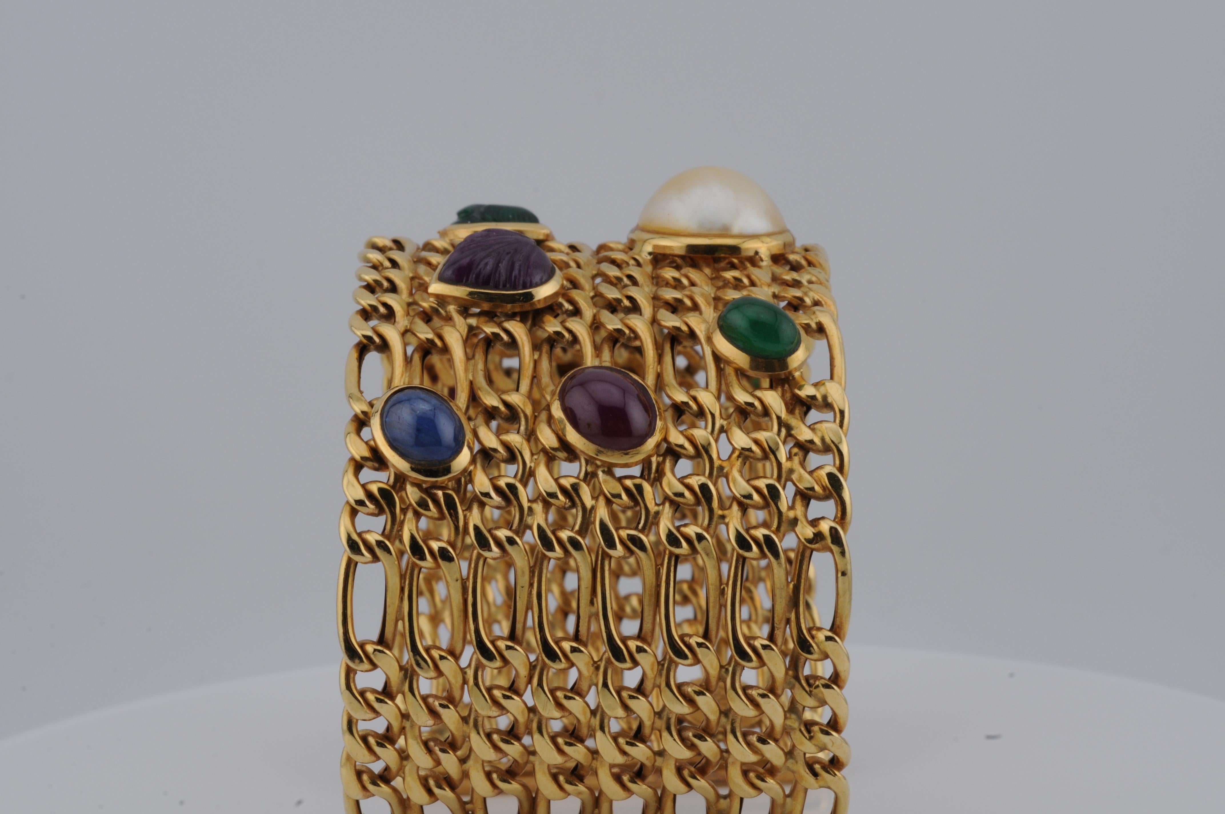 Masterly Goldsmith Work - Bracelet en or jaune 750 avec pierres précieuses et perles, 53g en vente 1