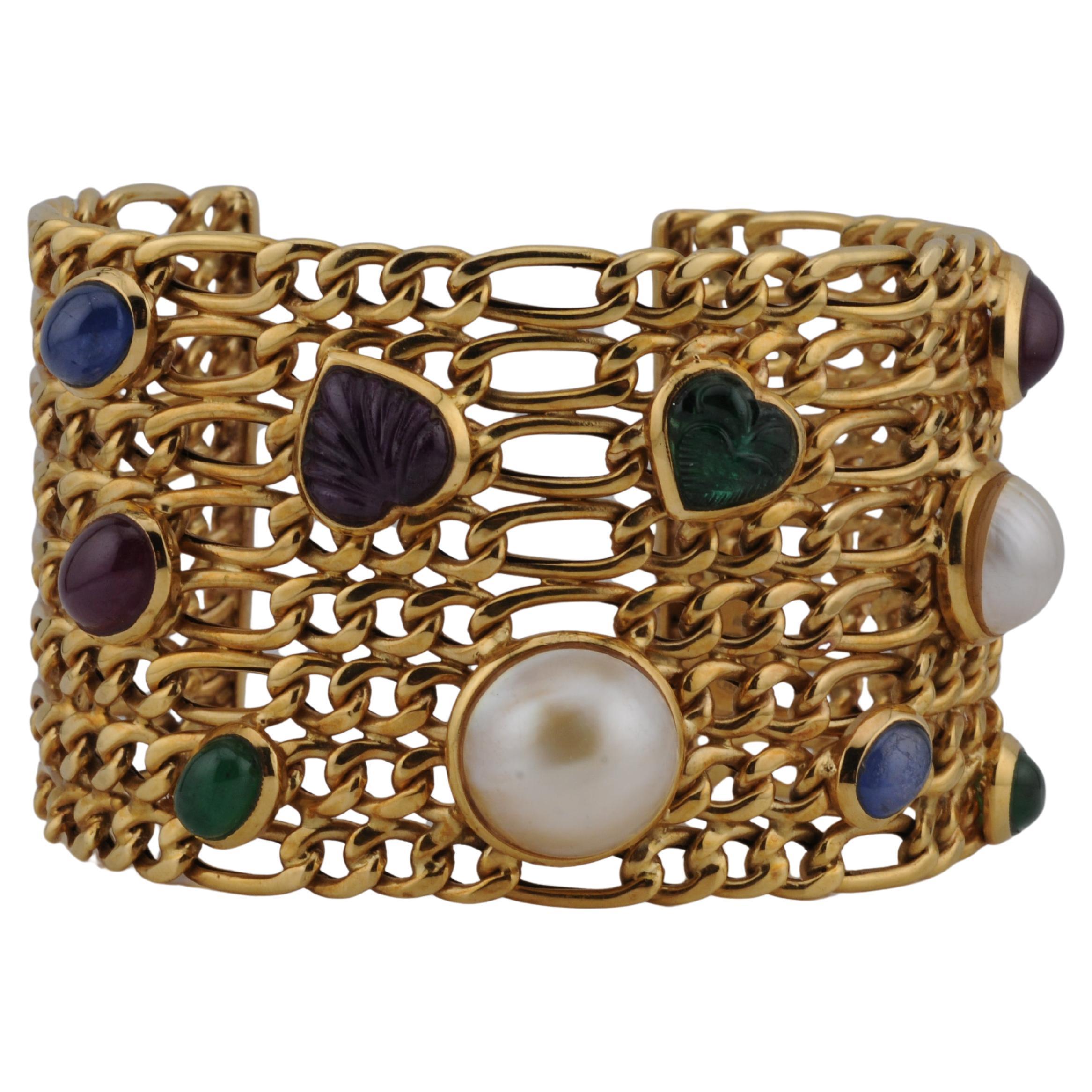 Masterly Goldsmith Work - Bracelet en or jaune 750 avec pierres précieuses et perles, 53g en vente