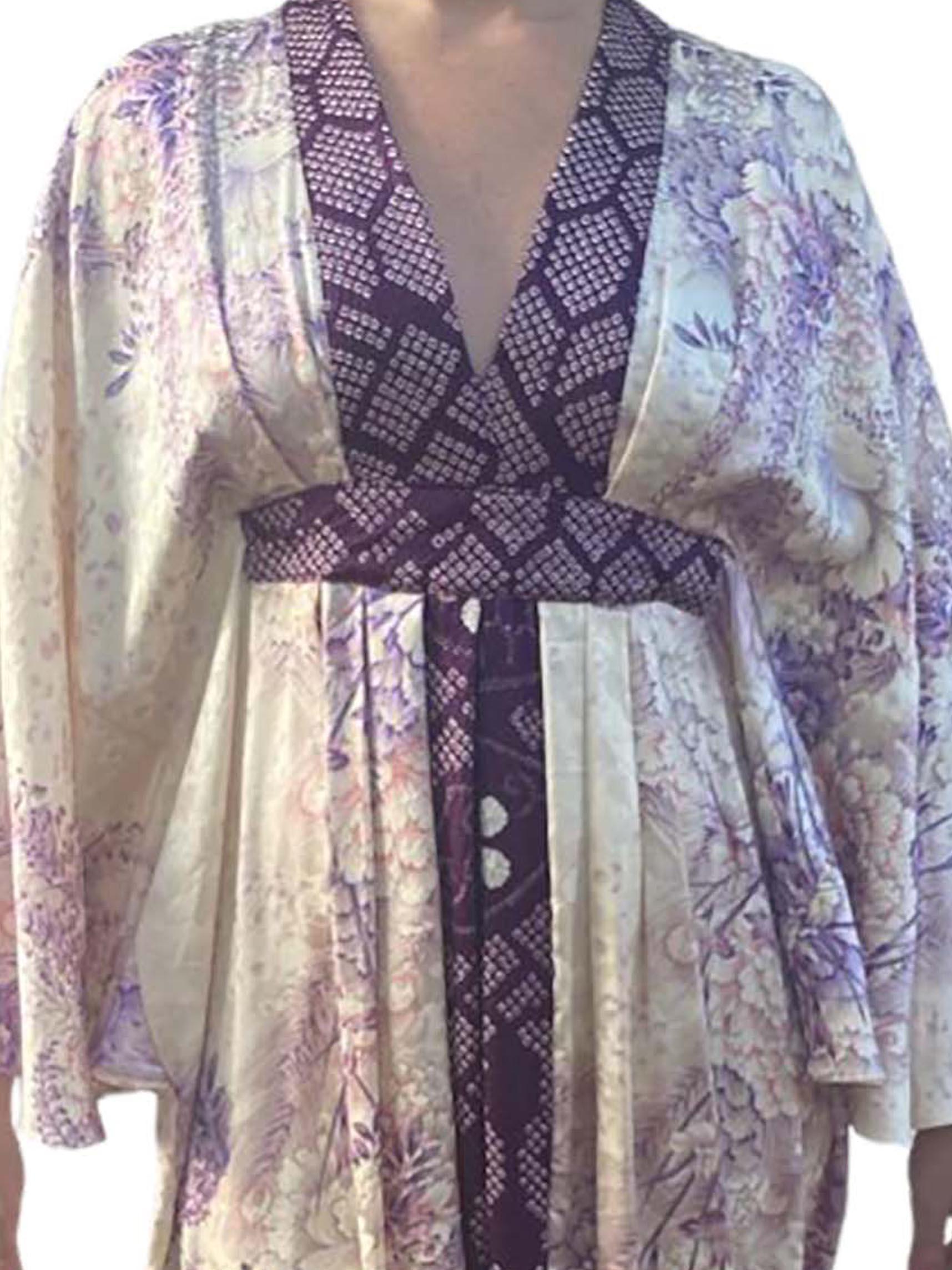 Master Morphew Collection Cream Purple Japanese Kimono Silk Shibori & Peacock F For Sale 5