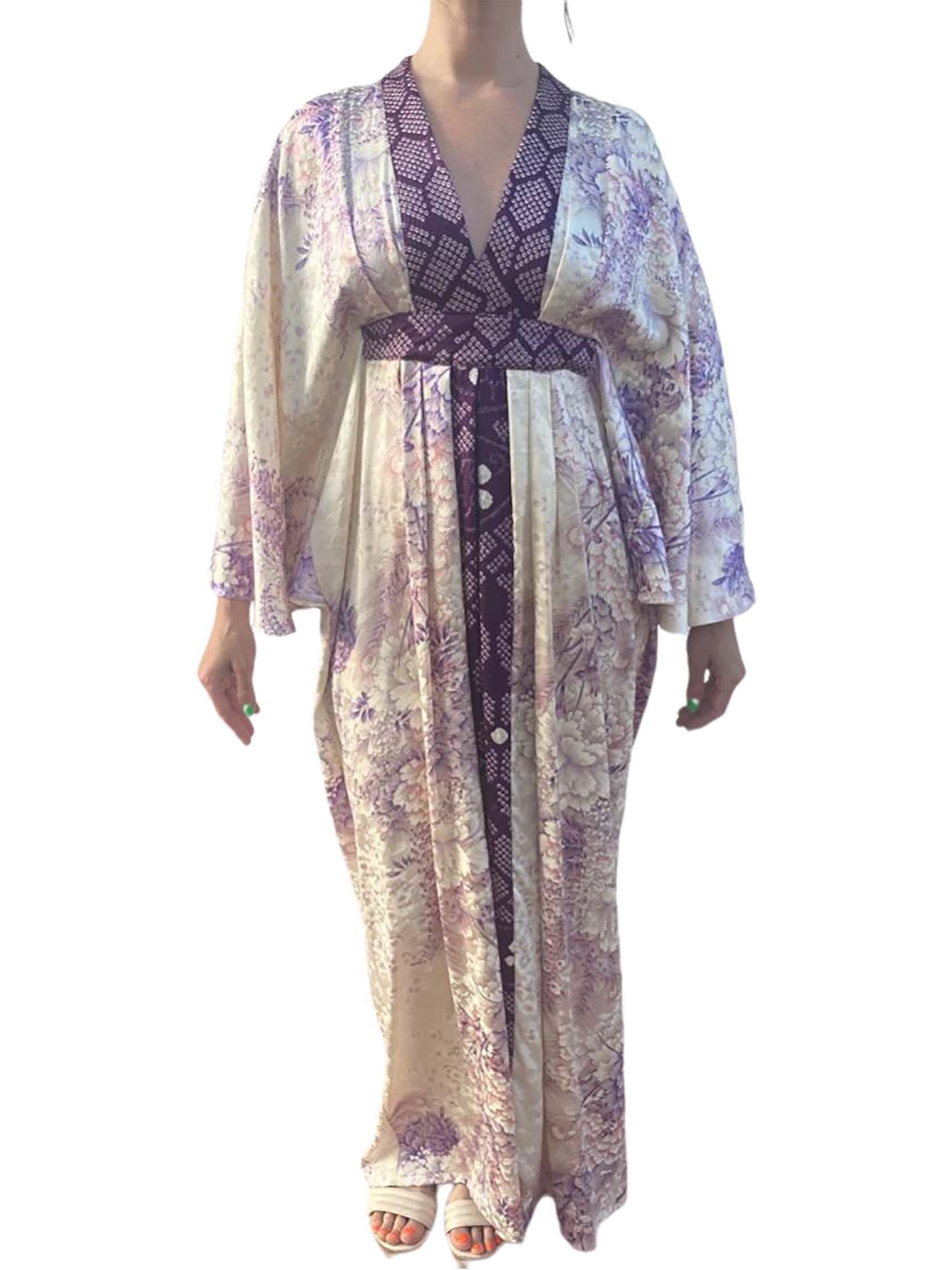 Each Morphew Collection kaftan is unique. Using our classic fitted/unfitted kaftan pattern we upcycle vintage kimono silks from the 1940s to the 1980s. Many are hand printed or dyed and some even have touches of hand embroidery or touches of
