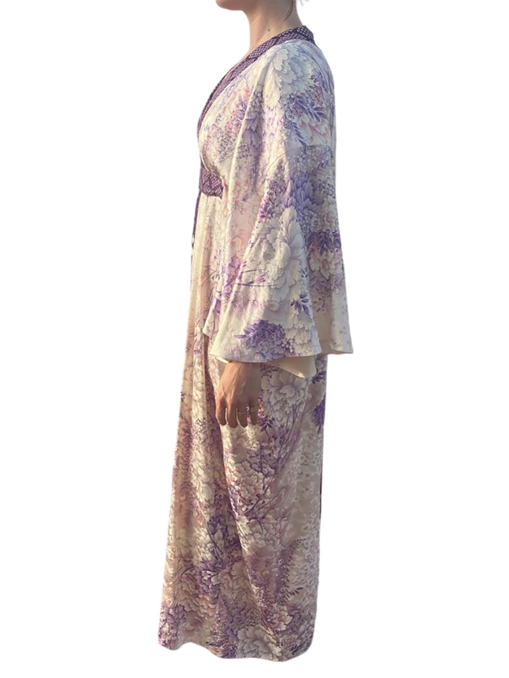 White Master Morphew Collection Cream Purple Japanese Kimono Silk Shibori & Peacock F For Sale