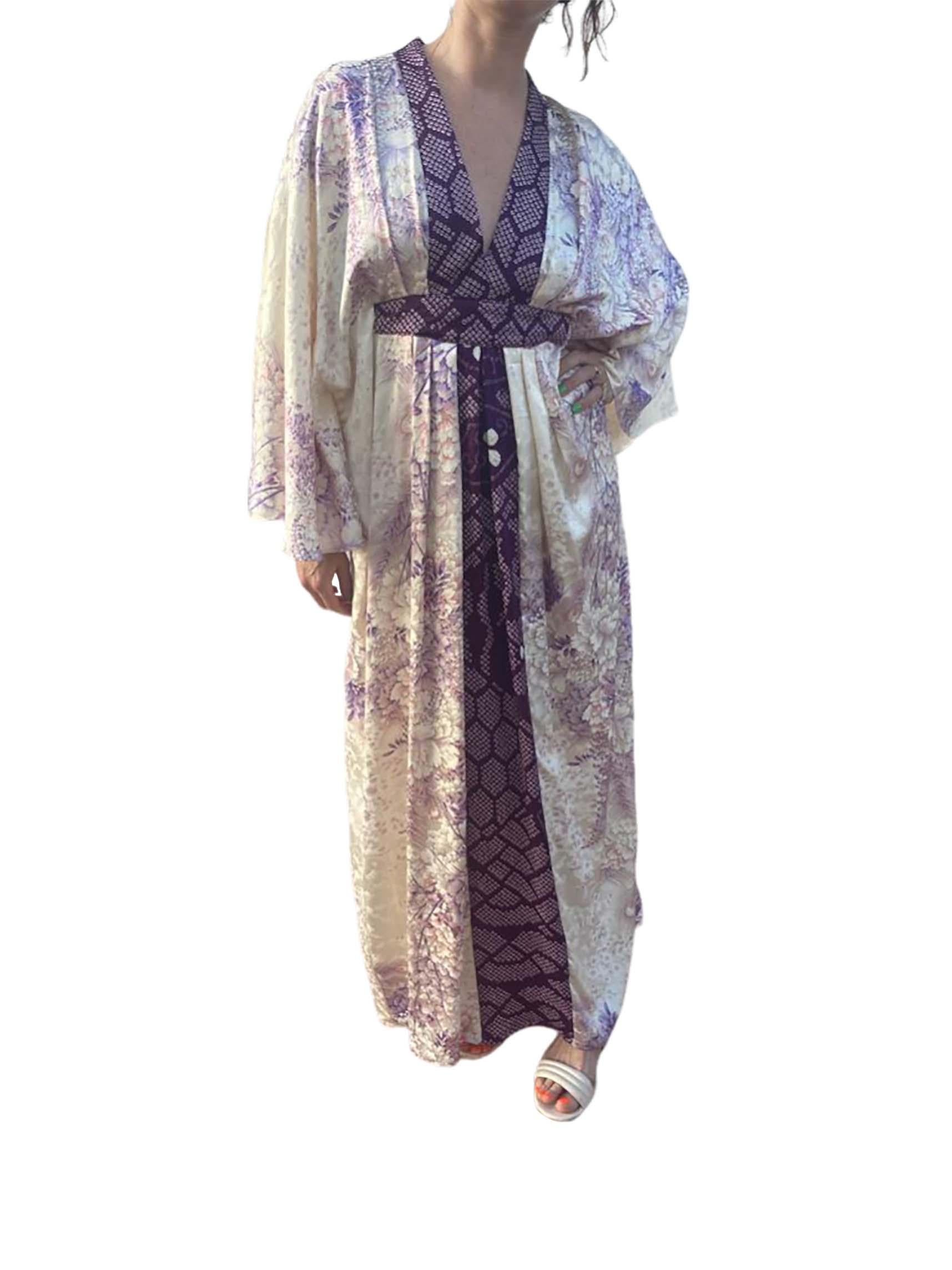 Women's Master Morphew Collection Cream Purple Japanese Kimono Silk Shibori & Peacock F For Sale