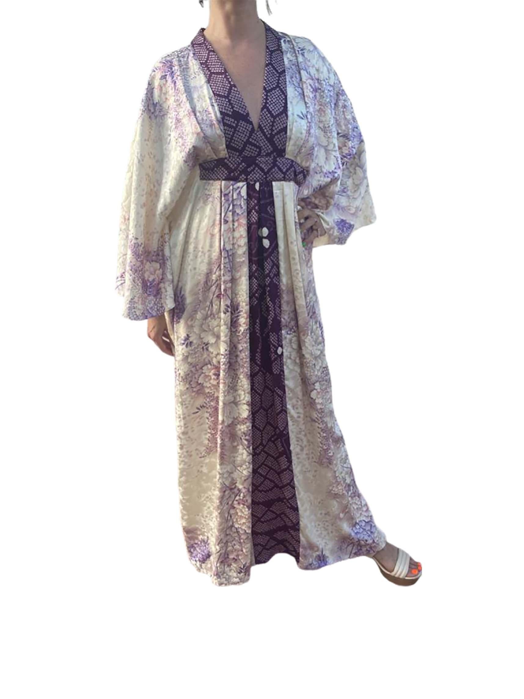 Master Morphew Collection Cream Purple Japanese Kimono Silk Shibori & Peacock F For Sale 1