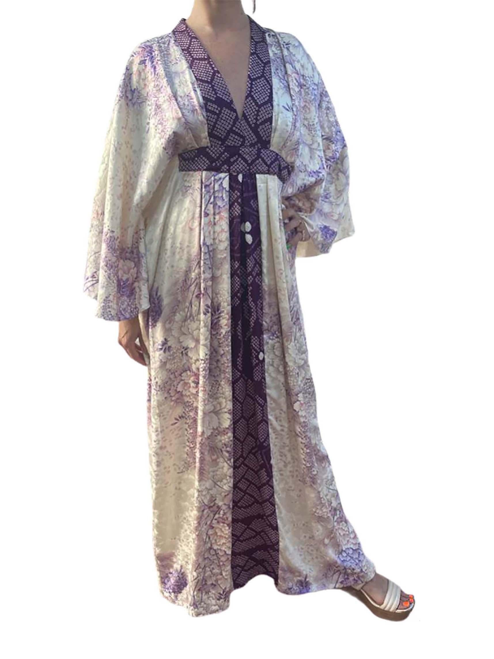 Master Morphew Collection Cream Purple Japanese Kimono Silk Shibori & Peacock F For Sale 2