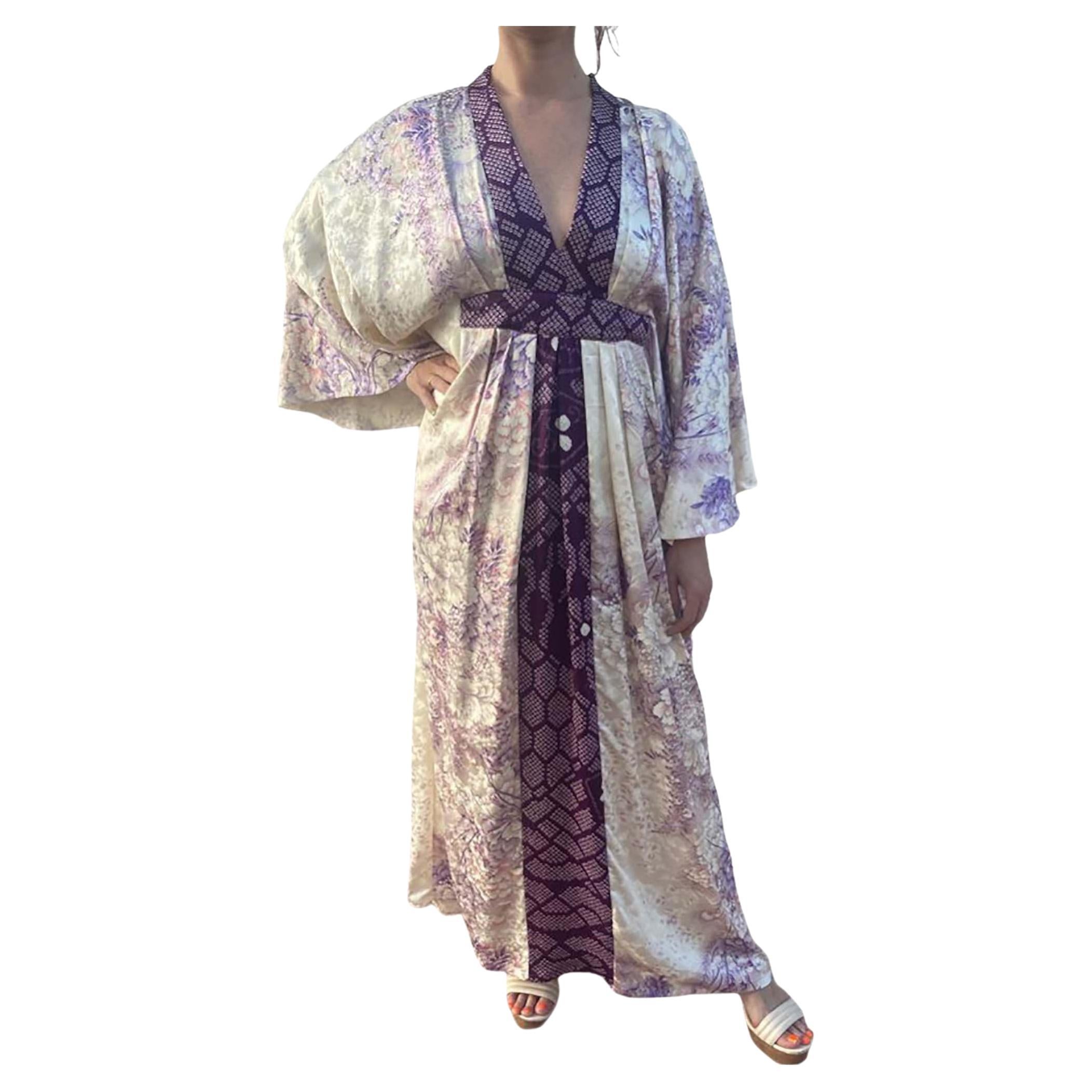 Master Morphew Collection Cream Purple Japanese Kimono Silk Shibori & Peacock F For Sale