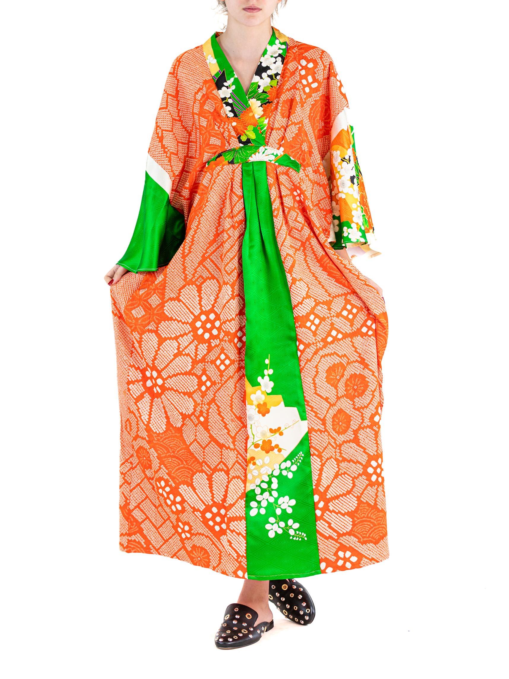 MASTER MORPHEW COLLECTION Green  Orange Japanese Kimono Silk Kaftan 2