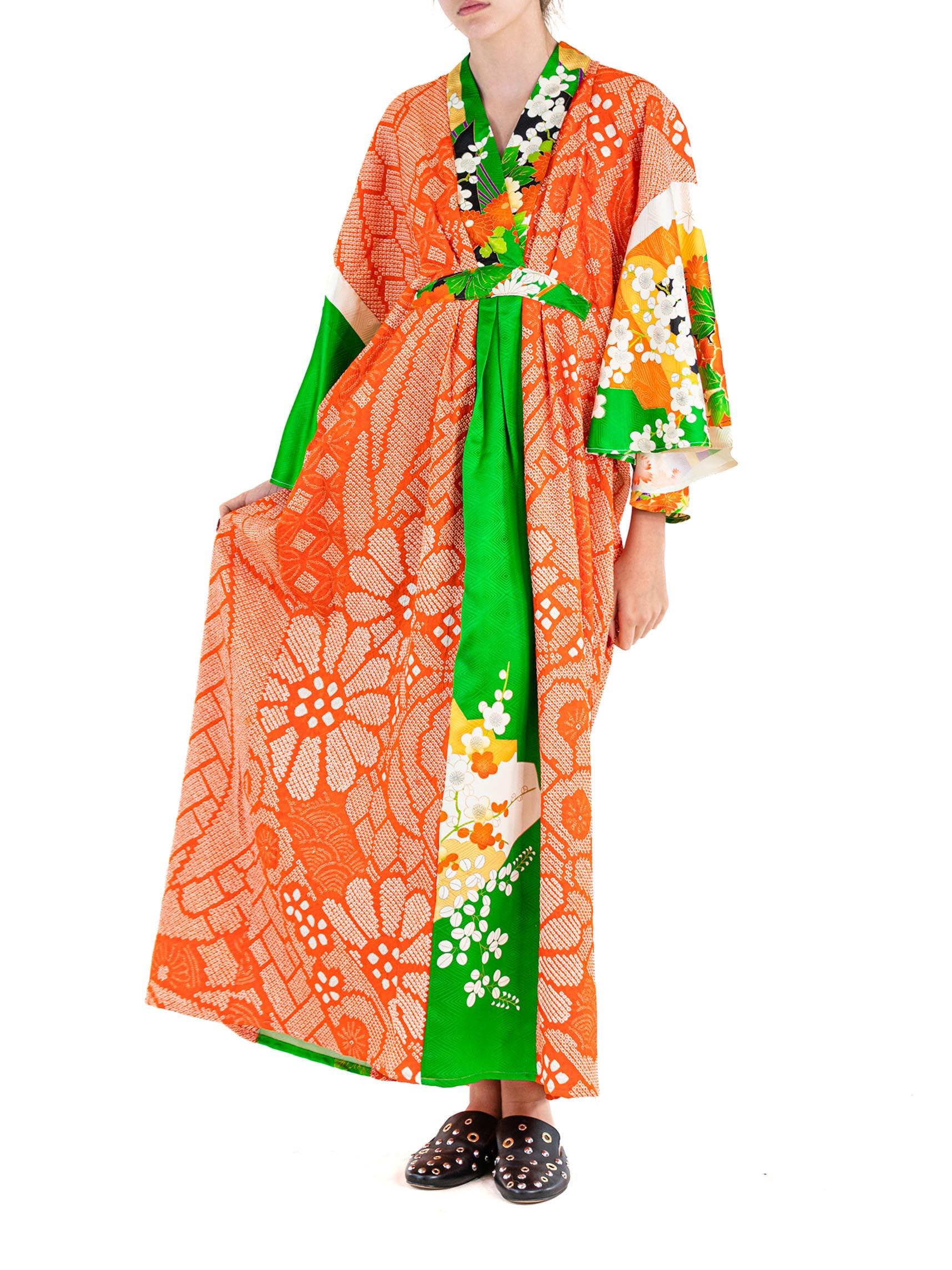 MASTER MORPHEW COLLECTION Green  Orange Japanese Kimono Silk Kaftan 3