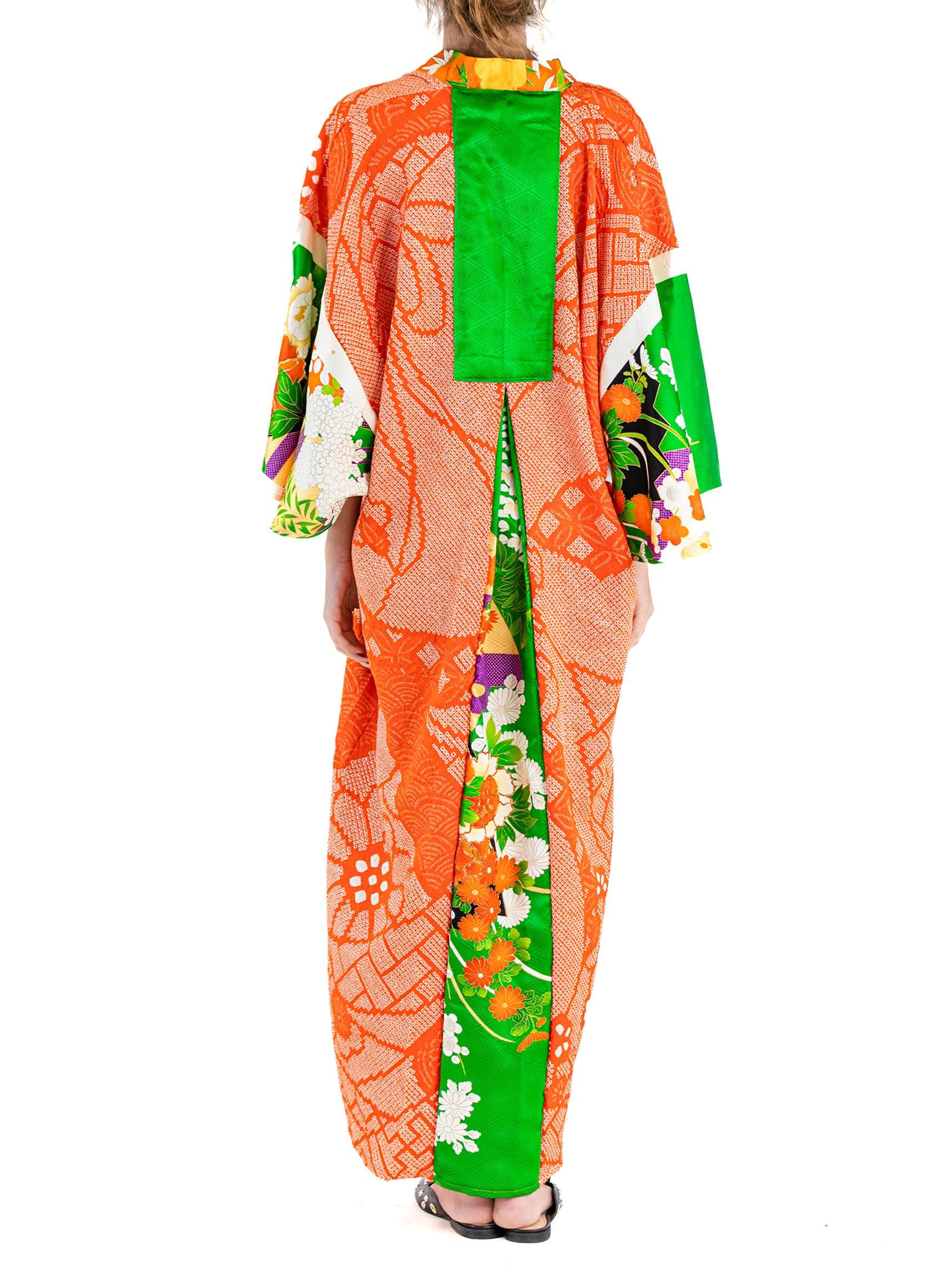 MASTER MORPHEW COLLECTION Green  Orange Japanese Kimono Silk Kaftan 4