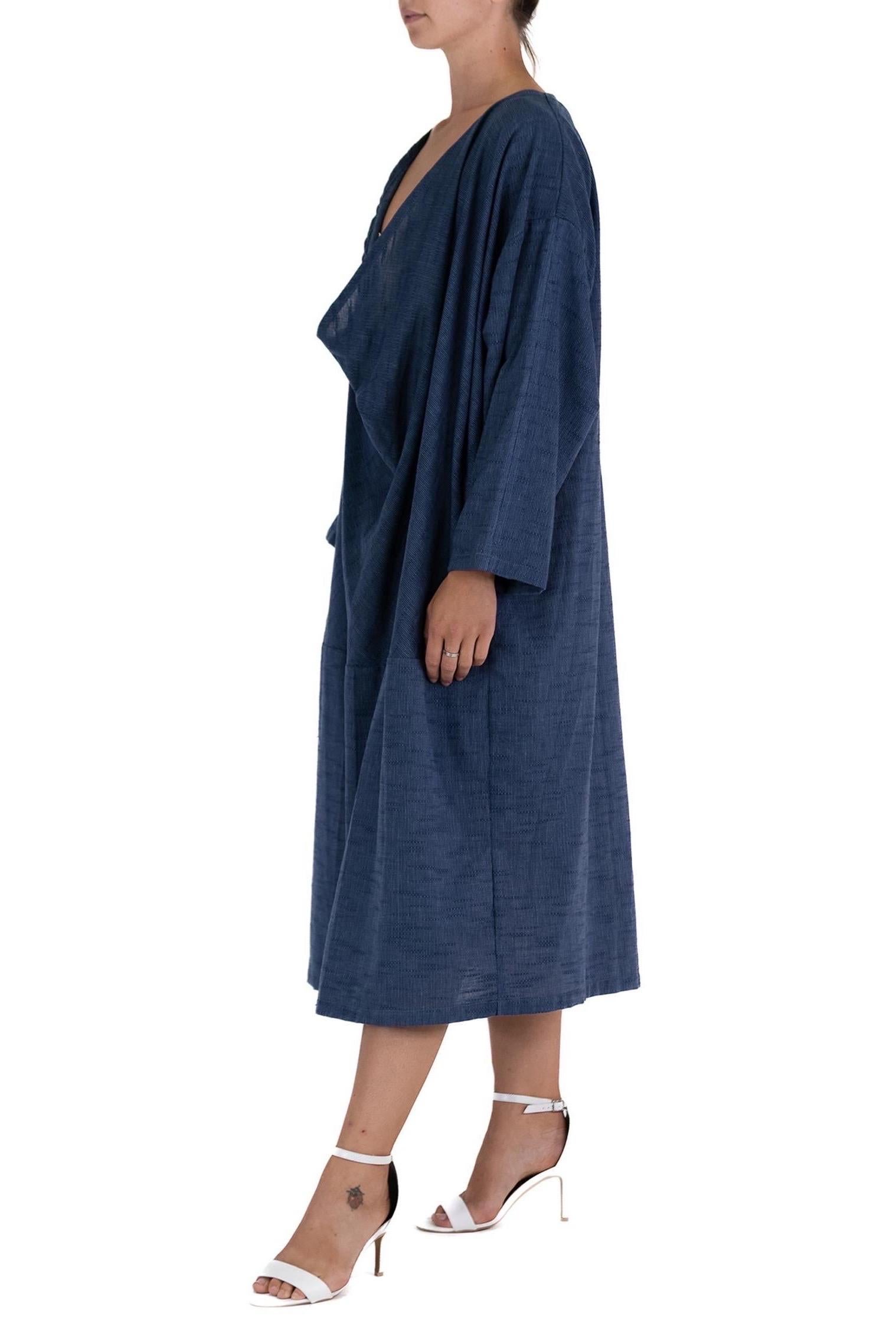 MASTER MORPHEW COLLECTION Indigo Blue Cotton Unisex Cowl Neck Tunic Kaftan In Excellent Condition For Sale In New York, NY