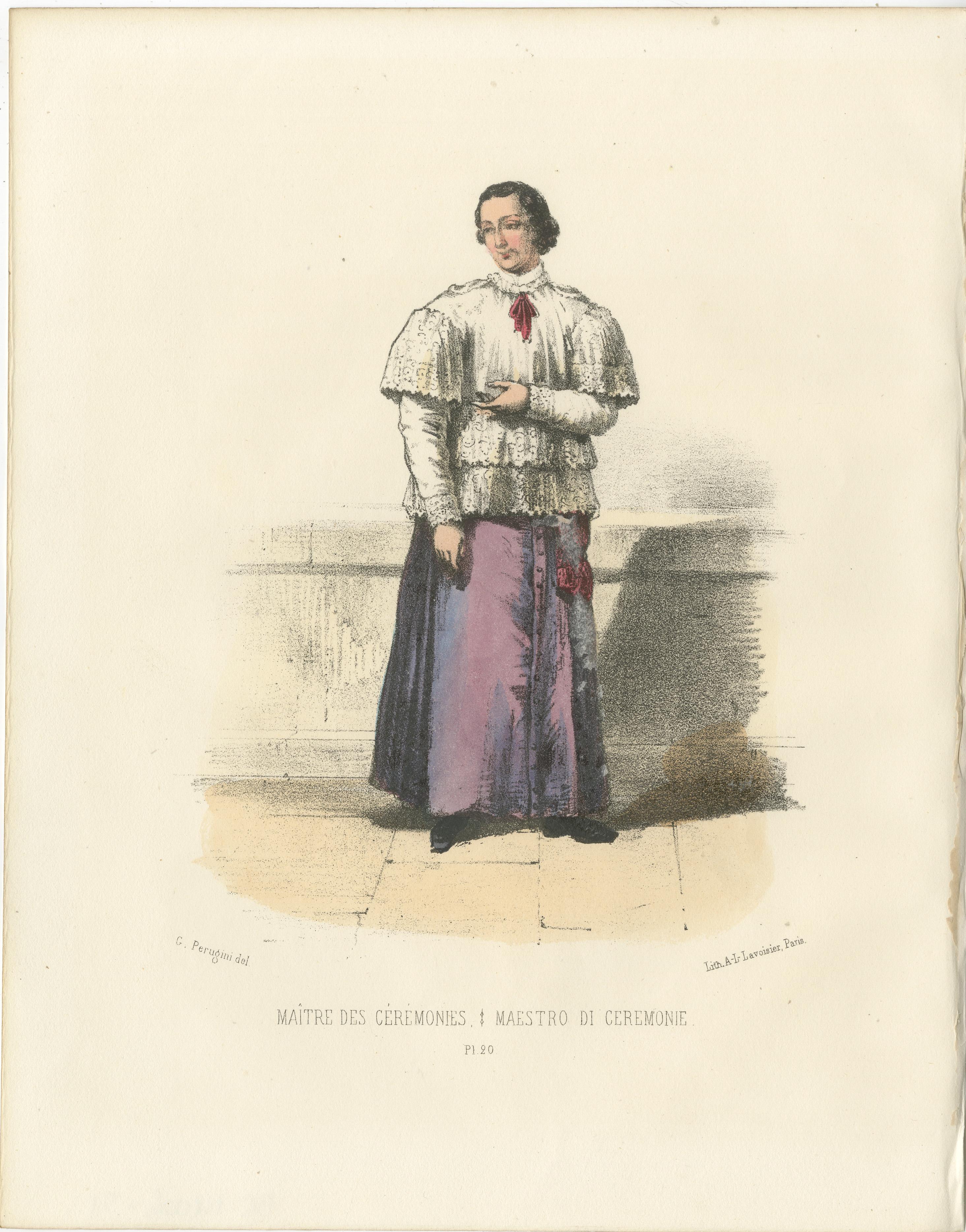 Master of Ceremonies: Handkolorierte Lithographie, Tafel 20, 1862  

Diese handkolorierte Lithografie, Zeremonienmeister (Maître des Cérémonies), ist Tafel 20 aus der zweiten Ausgabe von Album ou Collection Complète, et Historique des Costumes de la