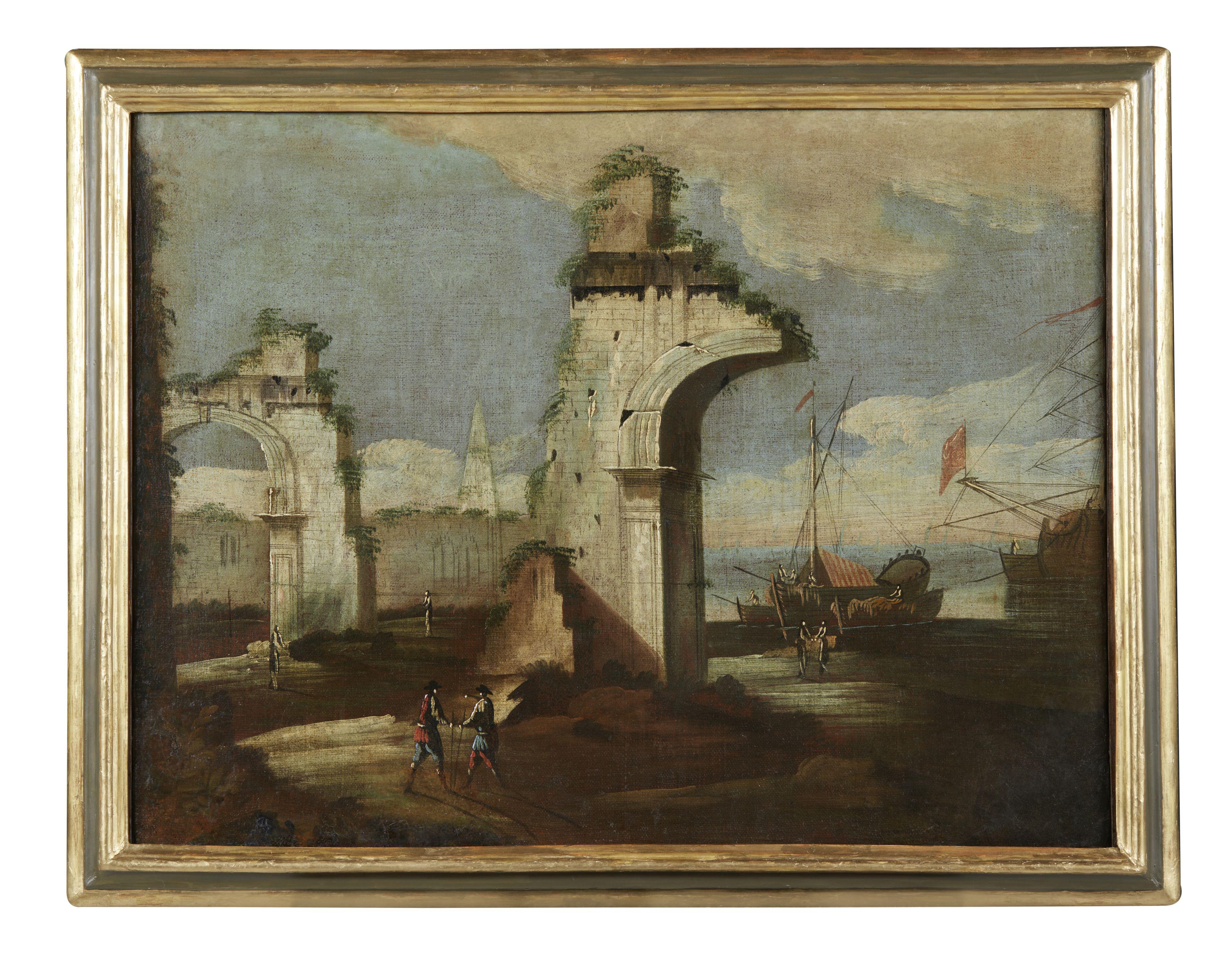 Pair of paintings, oil on canvas, measuring 55 x 72 cm without frame and 65 x 80 cm with coeval Venetian lacquered frame, depicting two fantasy landscapes by Master of Landscapes Correr (active in Venice in the second half of the 18th century) .

We