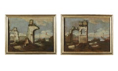 Antique 18th Century Architectural Capricci Correr Landscapes Nature Oil on Canvas White