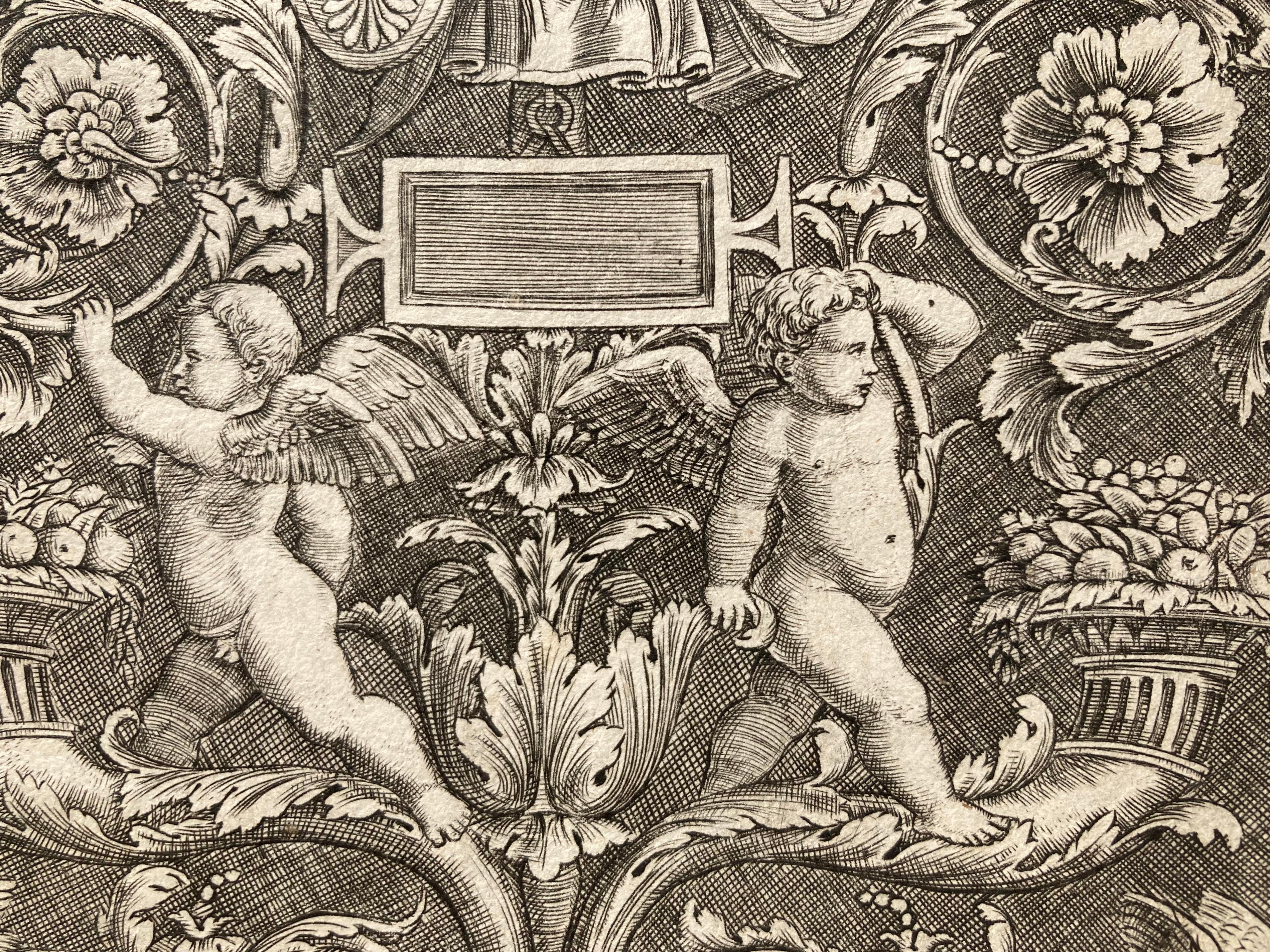 A Panel of Ornament, Putti Standing on Cornucopia in Lower Section - Print by Master of the Die