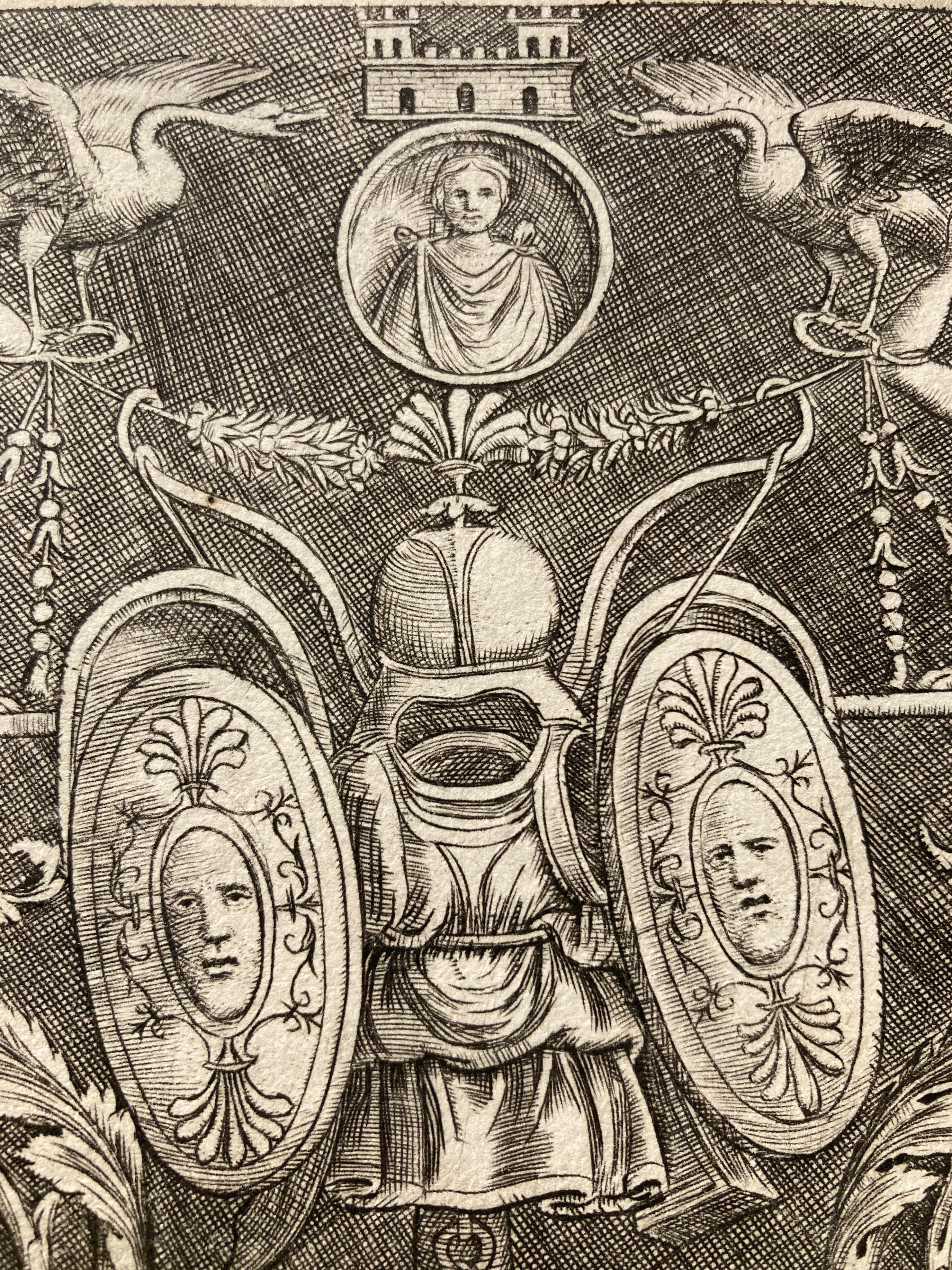 Ornament-Paneel, Puttenständer auf Füllhörner in niedrigem Teil (Alte Meister), Print, von Master of the Die