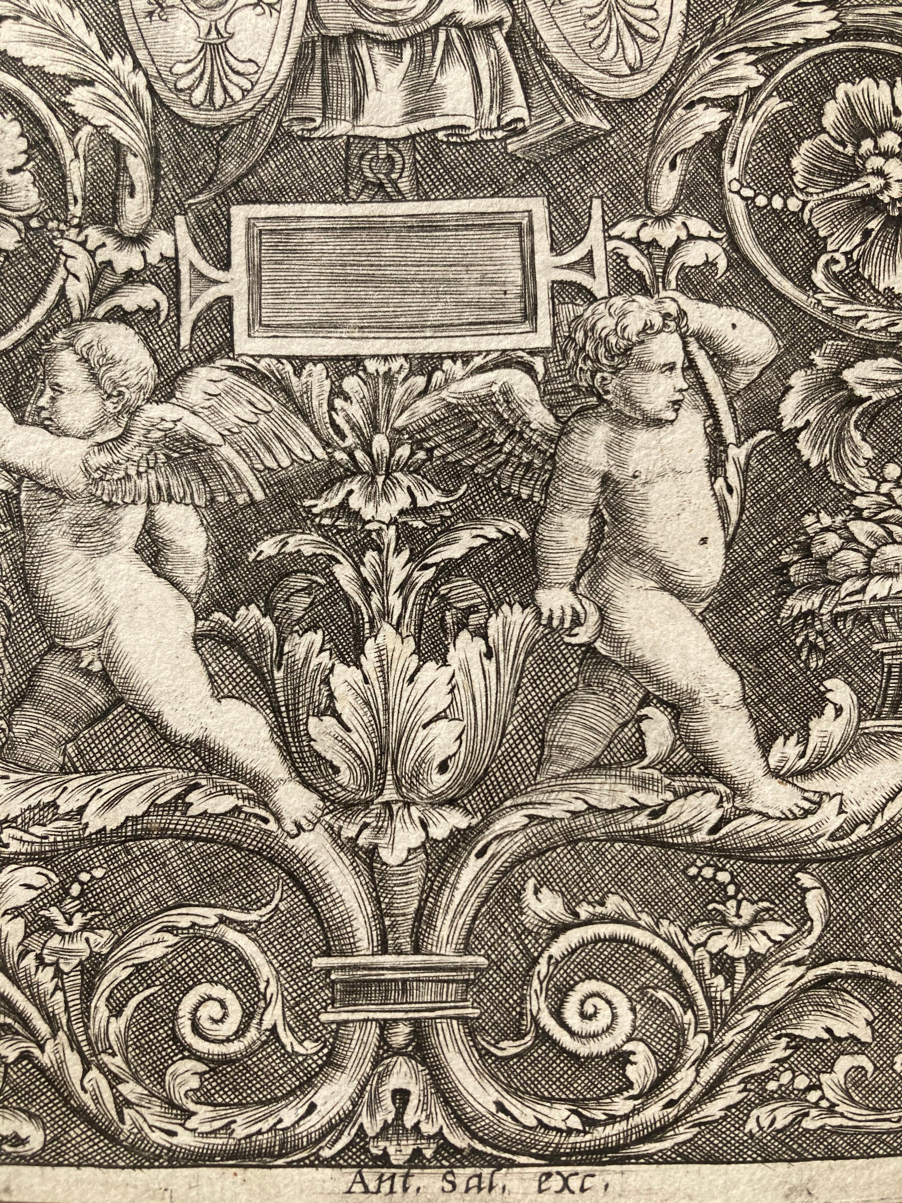 Ornament-Paneel, Puttenständer auf Füllhörner in niedrigem Teil (Braun), Figurative Print, von Master of the Die