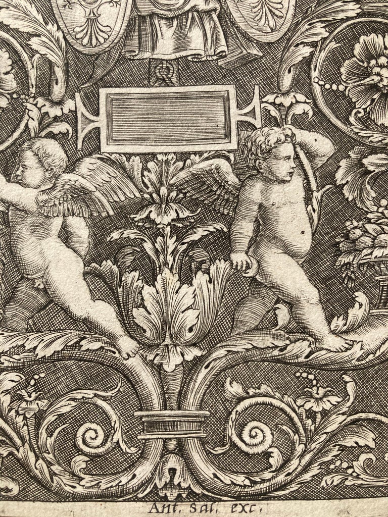 A Panel of Ornament, Putti Standing on Cornucopia in Lower Section - Brown Figurative Print by Master of the Die