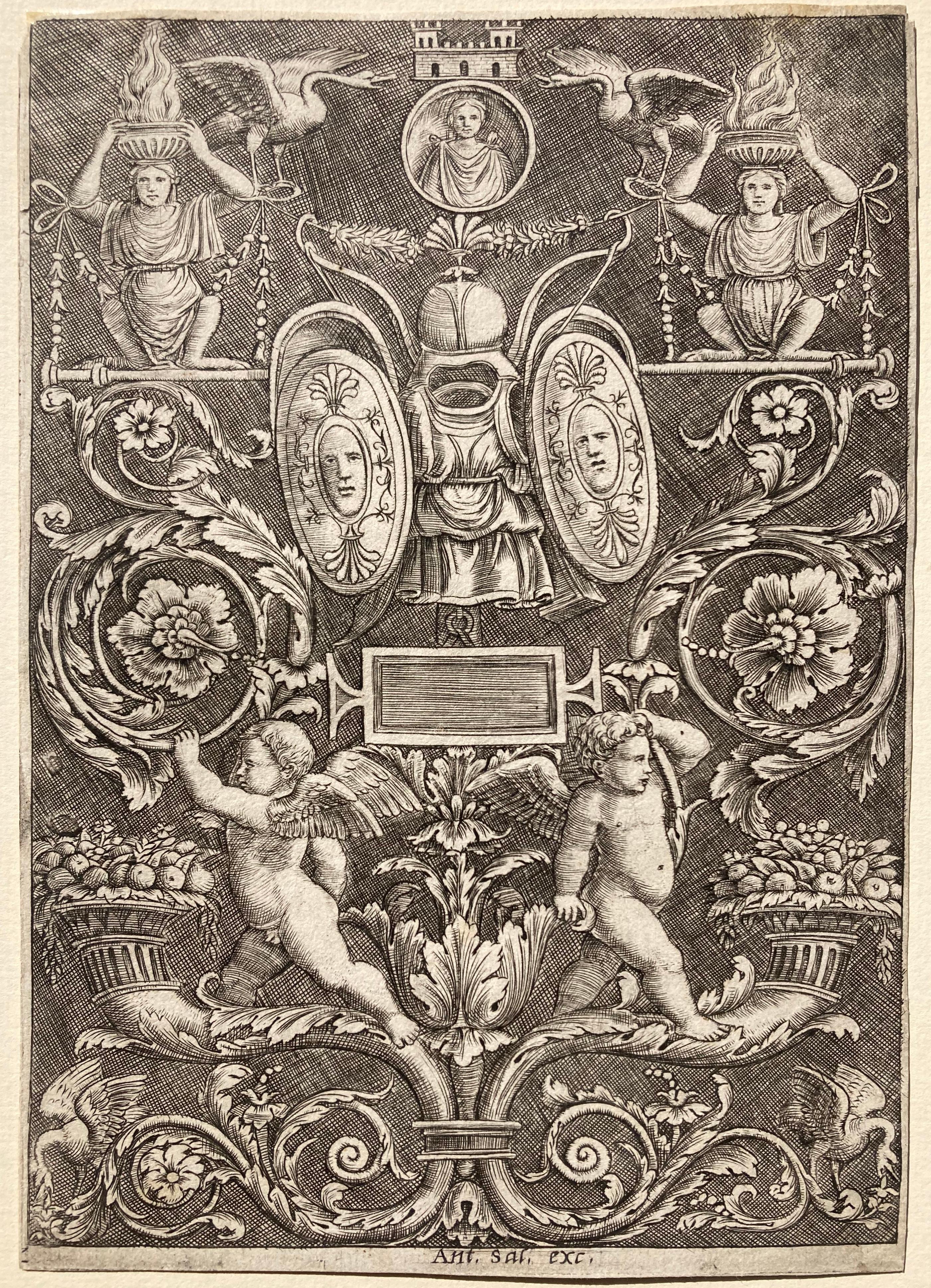 Master of the Die Figurative Print – Ornament-Paneel, Puttenständer auf Füllhörner in niedrigem Teil