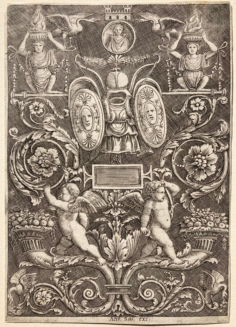 Master of the Die Figurative Print - A Panel of Ornament, Putti Standing on Cornucopia in Lower Section