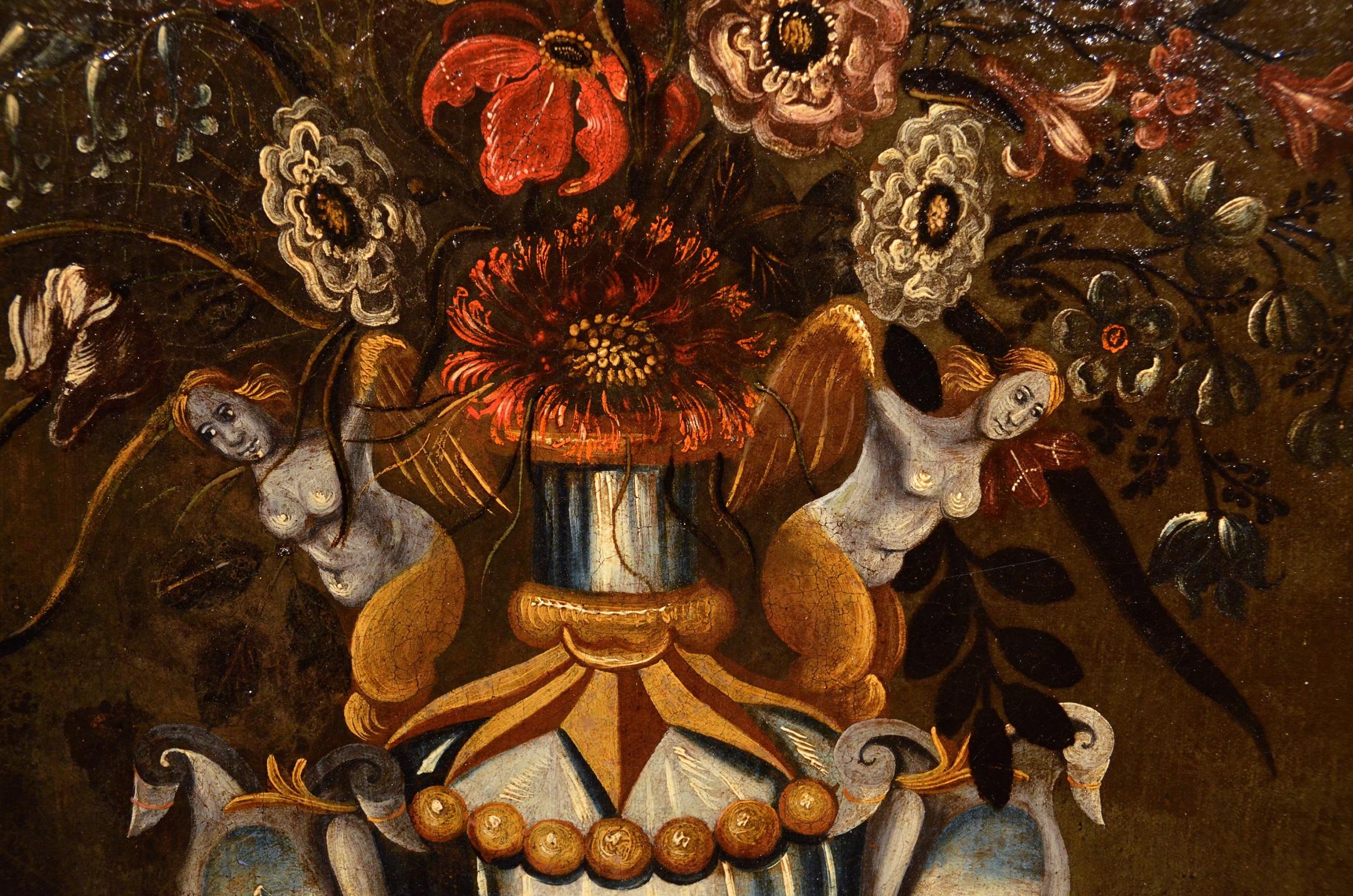Flowers Paint Oil on canvas Old master 17th Century Italy Still-life Art   - Old Masters Painting by Master of the Grotesque Vase (active in Rome and Naples in the first quarter of the 17th century)
