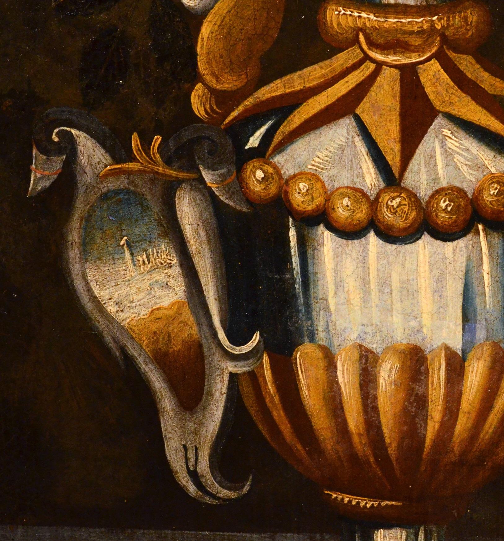 Blumenmalerei Öl auf Leinwand Alter Meister 17. Jahrhundert Italien Stillleben Kunst   (Braun), Still-Life Painting, von Master of the Grotesque Vase (active in Rome and Naples in the first quarter of the 17th century)