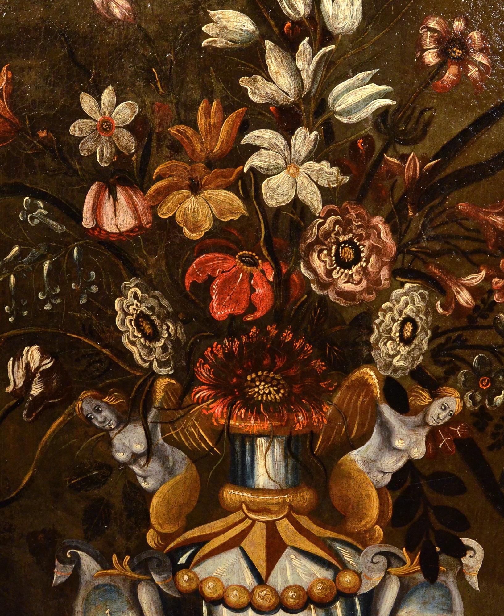 Maître du vase grotesque (actif à Rome et à Naples dans le premier quart du XVIIe siècle)
Nature morte de fleurs dans un vase classique

huile sur toile
66 x 51 cm, dans le cadre cm. 82 x 68

Dans cette somptueuse nature morte, on voit un précieux
