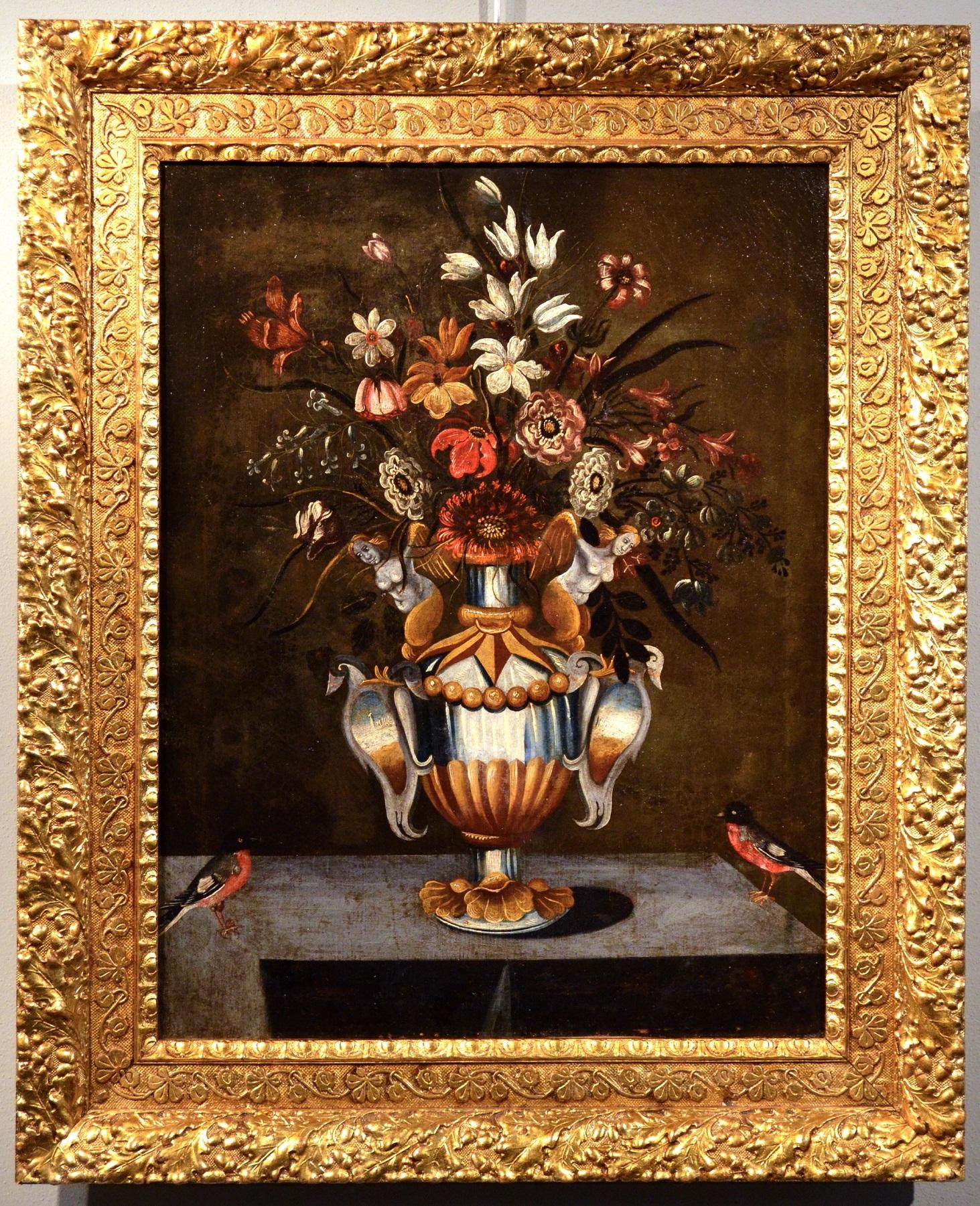 Master of the Grotesque Vase (active in Rome and Naples in the first quarter of the 17th century) Still-Life Painting – Blumenmalerei Öl auf Leinwand Alter Meister 17. Jahrhundert Italien Stillleben Kunst  